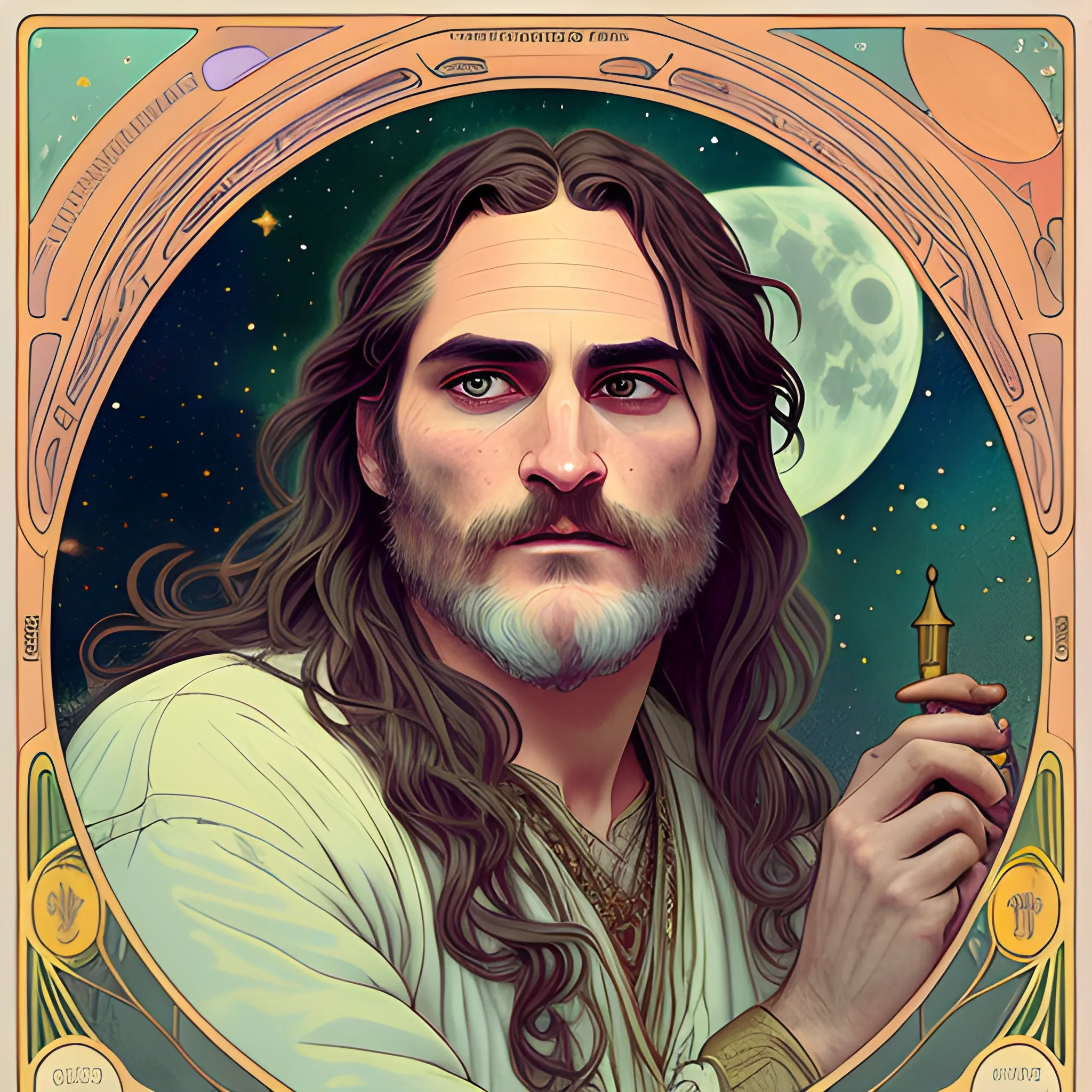 Joaquin Phoenix, his highly detailed, softly freckled handsome face, his clean, clear lavender-green eyes, meticulously detailed, multi-hued, long dark hair; hippie, full moon in a nebula sky, clouds; fantasy, Vintage Art, 8k resolution art Nouveau poster; Alphonse Mucha, Artgerm, WLOP, Illustration intricately detailed, trending on Artstation, Renaissance, triadic colors, Chromolithography Soft Shading