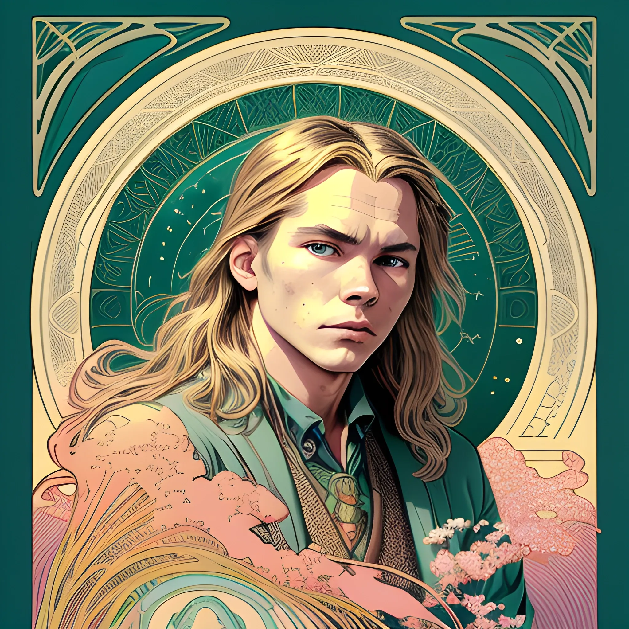 River Phoenix, his highly detailed, softly freckled handsome face, his clean, clear grey-green eyes, meticulously detailed, multi-hued, long blond hair; hippie, full moon in a nebula sky, clouds; fantasy, Vintage Art, 8k resolution art Nouveau poster; Alphonse Mucha, Artgerm, WLOP, Illustration intricately detailed, trending on Artstation, Renaissance, triadic colors, Chromolithography Soft Shading