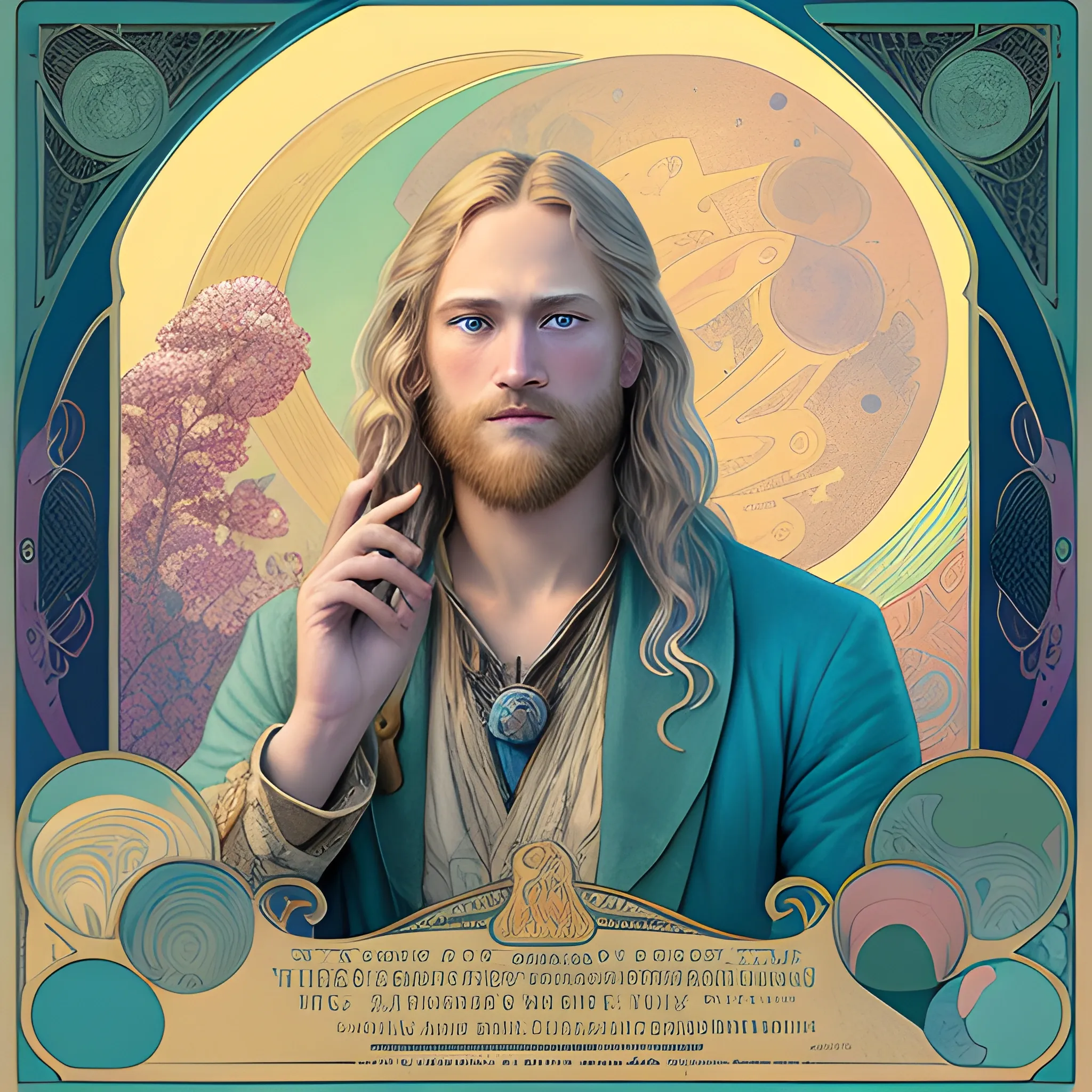 Wyatt Russell, his highly detailed, softly freckled handsome face, his clean, clear blue eyes, meticulously detailed, multi-hued, long blond hair; hippie, full moon in a nebula sky, clouds; fantasy, Vintage Art, 8k resolution art Nouveau poster; Alphonse Mucha, Artgerm, WLOP, Illustration intricately detailed, trending on Artstation, Renaissance, triadic colors, Chromolithography Soft Shading