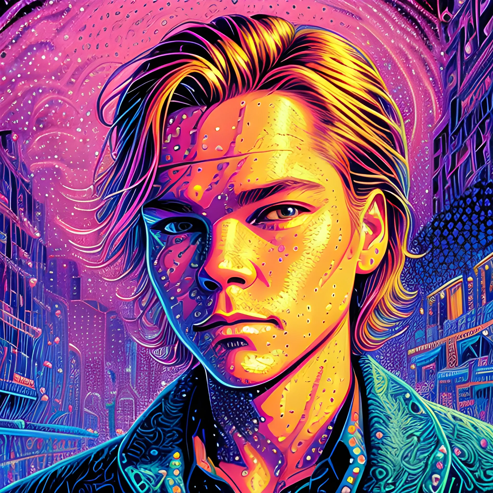 River Phoenix, his highly detailed angular handsome face, meticulously detailed long blond hair; by James R. Eads, Fausto-Giurescu, Tania Rivilis, Dan Mumford; luminous colorful sparkles, glitter, airbrush, depth of field, volumetric lighting, rockstar