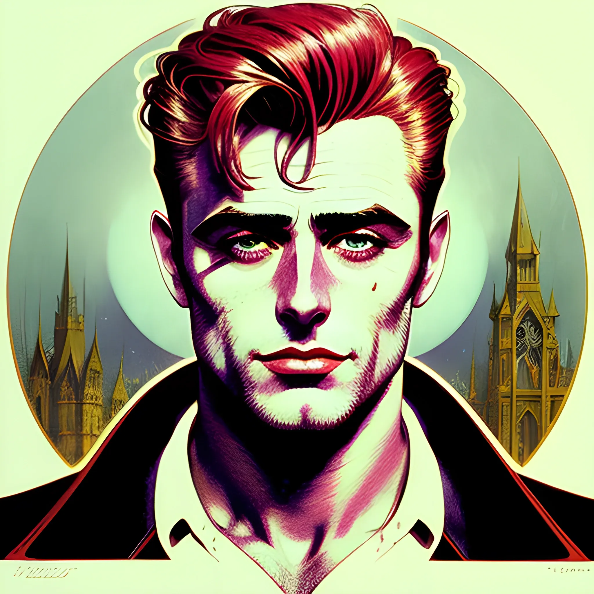 young James Dean, his highly detailed angular, handsome face, meticulously detailed multi-hued blond hair, burgundy, berry wine and black, eldritch, macabre, by Stephen Gammell, Zdzislaw Beksinski; luminous color sparkles, Vintage Art, 8k resolution, art Nouveau poster; Alphonse Mucha, Artgerm, WLOP, Lisa Frank, James R. Eads, Illustration intricately detailed, Artstation, Chromolithography Soft Shading