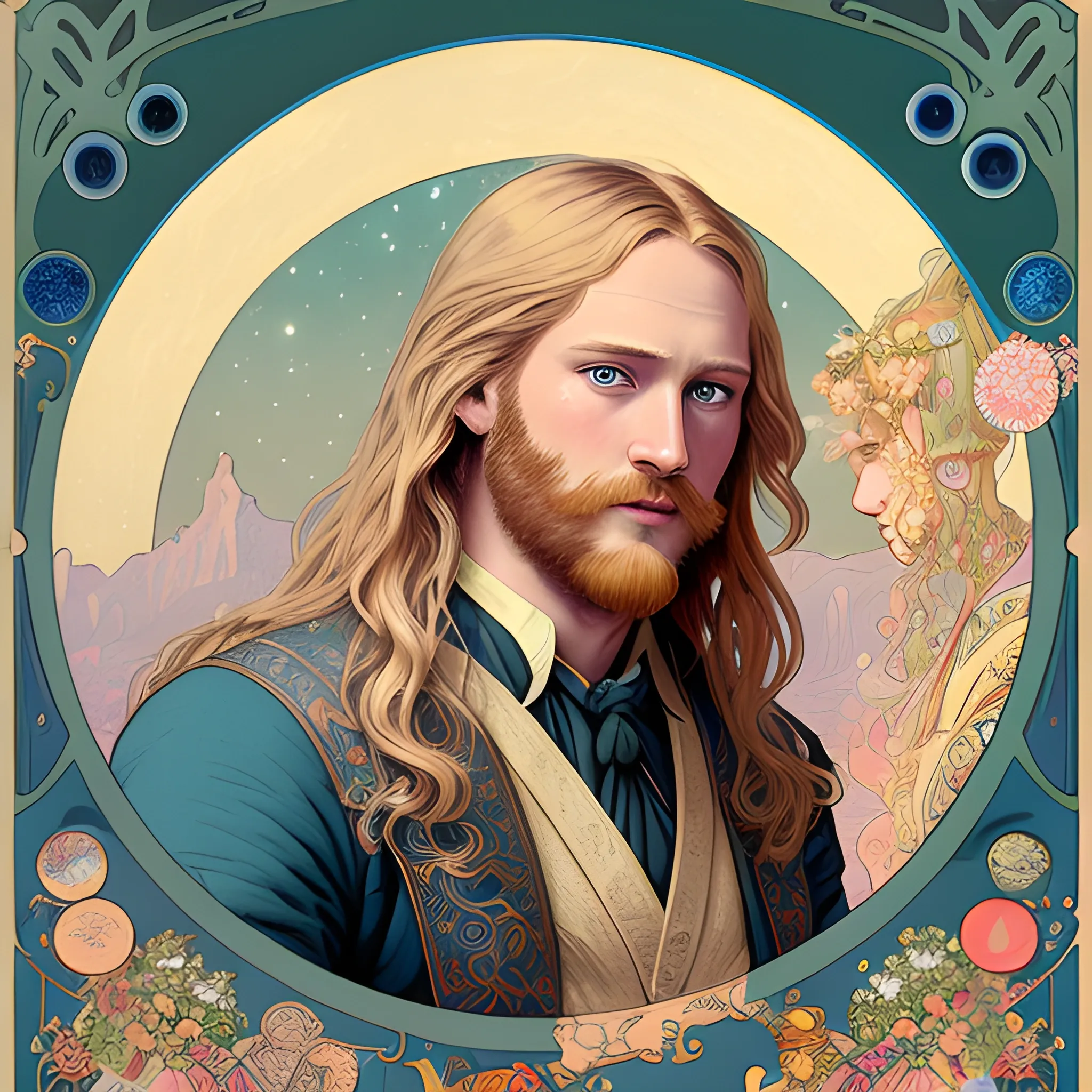 Wyatt Russell, his highly detailed, softly freckled handsome face, his clean, clear blue eyes, meticulously detailed, multi-hued, long blond hair; hippie, full moon in a nebula sky, clouds; fantasy, Vintage Art, 8k resolution art Nouveau poster; Alphonse Mucha, Artgerm, WLOP, Illustration intricately detailed, trending on Artstation, Renaissance, triadic colors, Chromolithography Soft Shading