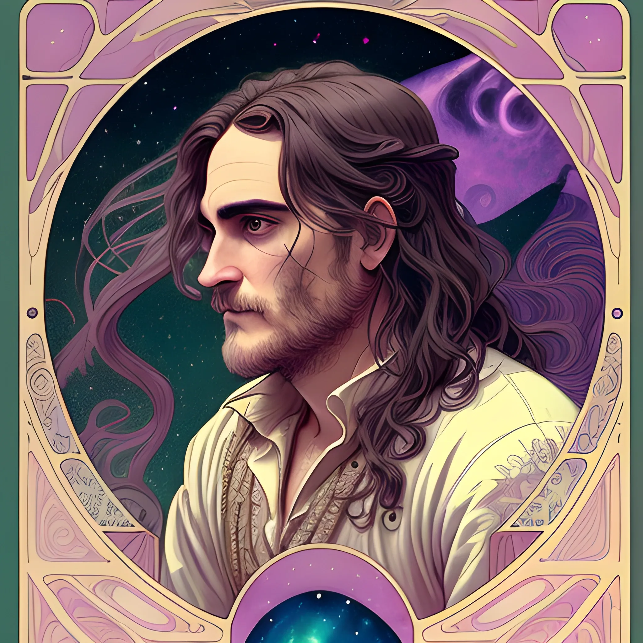 Joaquin Phoenix, his highly detailed, softly freckled handsome face, his clean, clear lavender-green eyes, meticulously detailed, multi-hued, long dark hair; hippie, full moon in a nebula sky, clouds; fantasy, Vintage Art, 8k resolution art Nouveau poster; Alphonse Mucha, Artgerm, WLOP, Illustration intricately detailed, trending on Artstation, Renaissance, triadic colors, Chromolithography Soft Shading