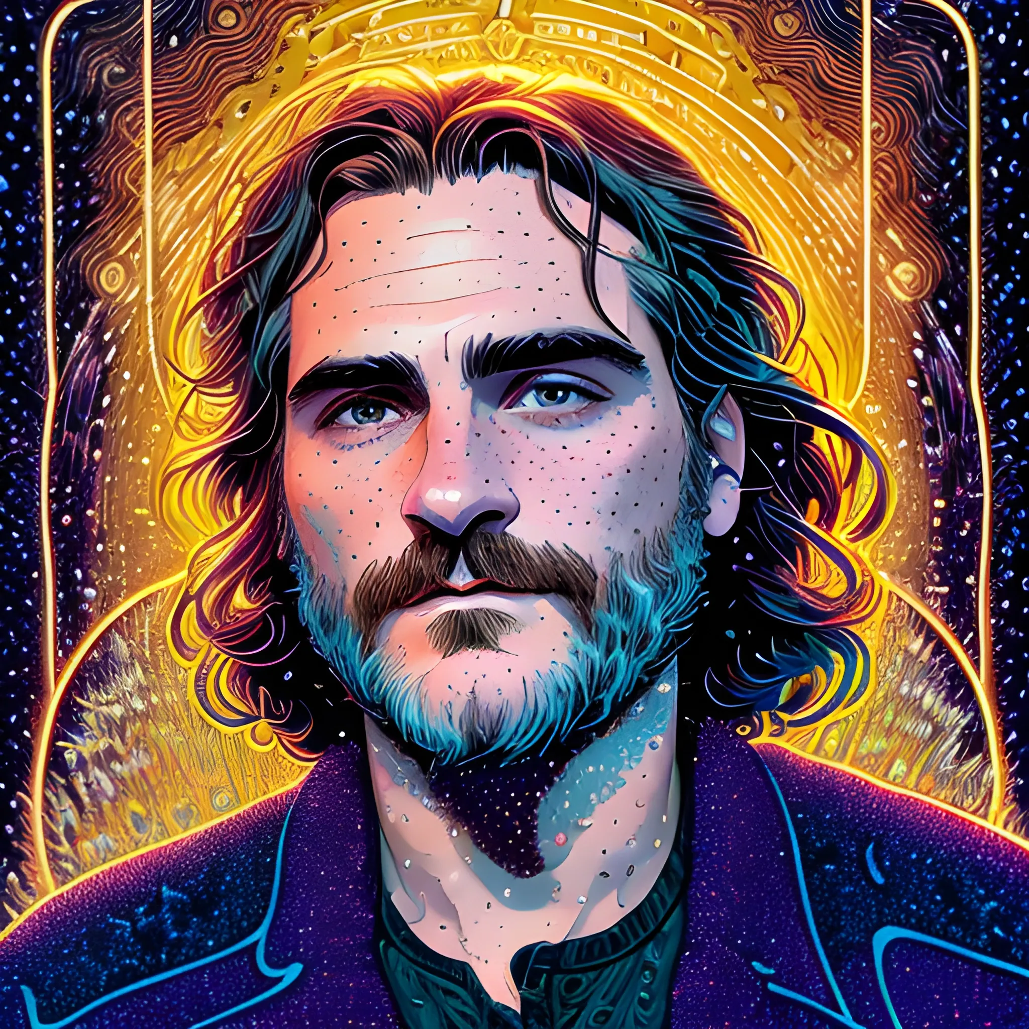 Joaquin Phoenix, his highly detailed, softly freckled handsome face, meticulously detailed long dark hair; by James R. Eads, Fausto-Giurescu, Tania Rivilis, Dan Mumford; luminous colorful sparkles, glitter, airbrush, depth of field, volumetric lighting, rockstar