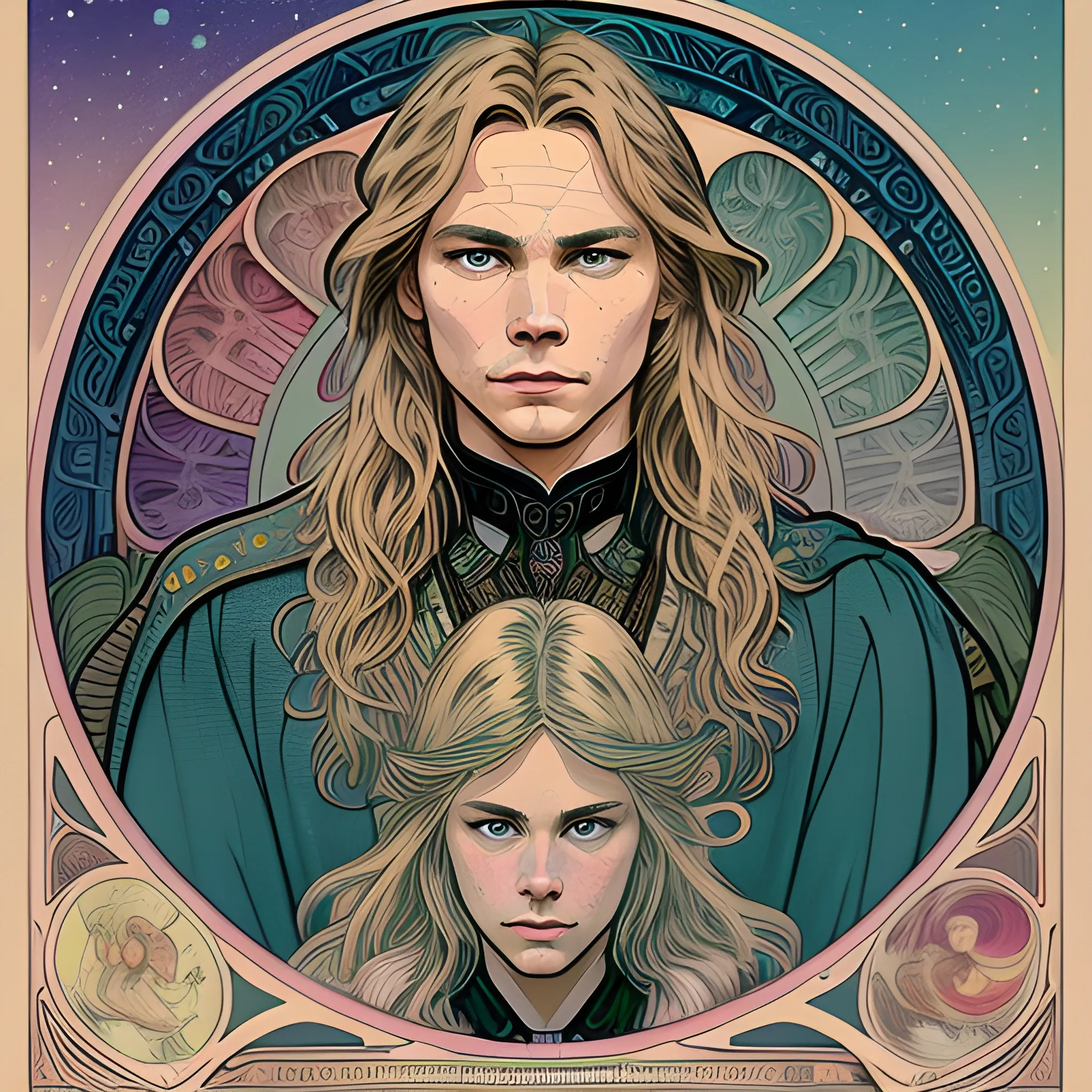 River Phoenix, his highly detailed, softly freckled handsome face, his clean, clear grey-green eyes, meticulously detailed, multi-hued, long blond hair; hippie, full moon in a nebula sky, clouds; fantasy, Vintage Art, 8k resolution art Nouveau poster; Alphonse Mucha, Artgerm, WLOP, Illustration intricately detailed, trending on Artstation, Renaissance, triadic colors, Chromolithography Soft Shading