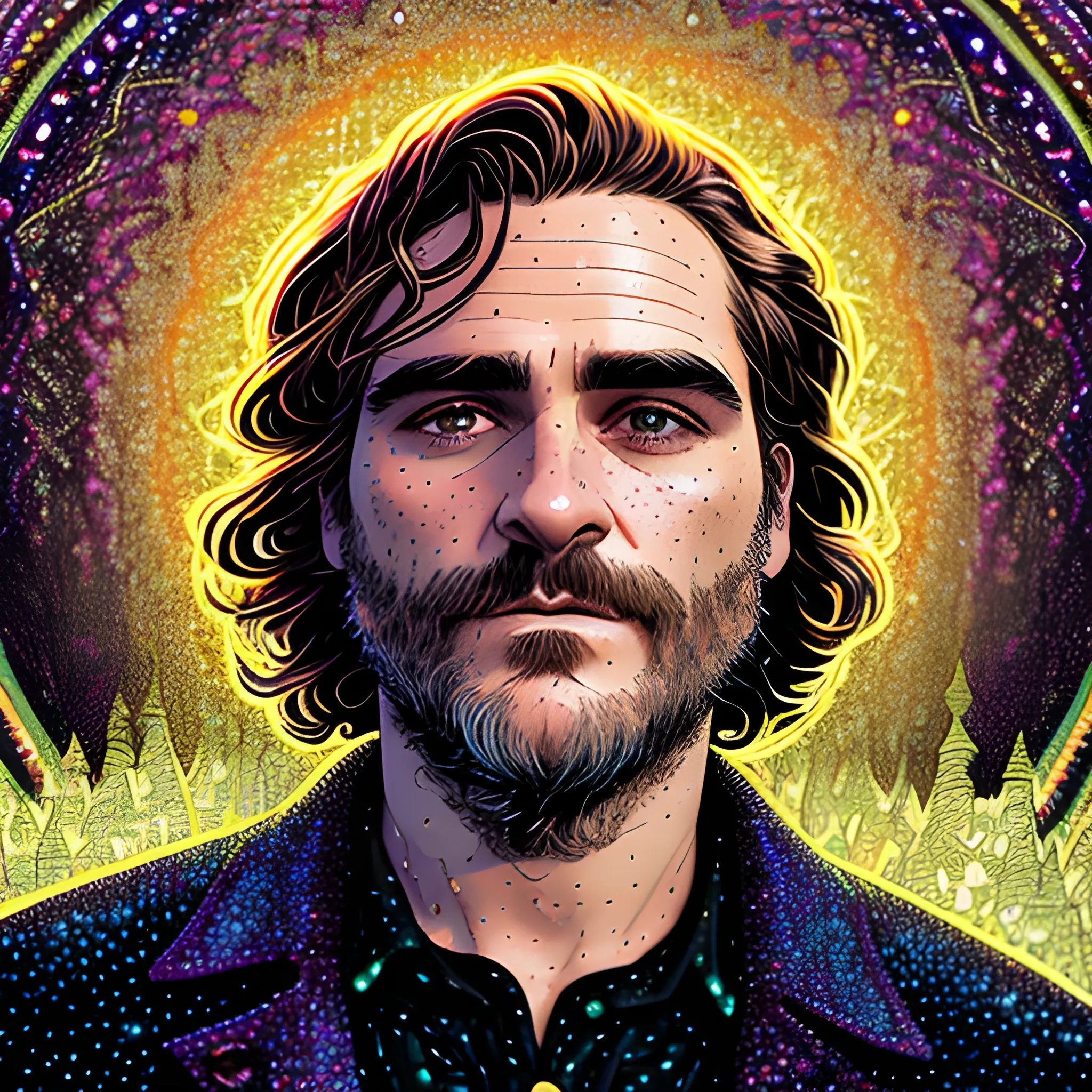 Joaquin Phoenix, his highly detailed, softly freckled handsome face, meticulously detailed long dark hair; by James R. Eads, Fausto-Giurescu, Tania Rivilis, Dan Mumford; luminous colorful sparkles, glitter, airbrush, depth of field, volumetric lighting, rockstar