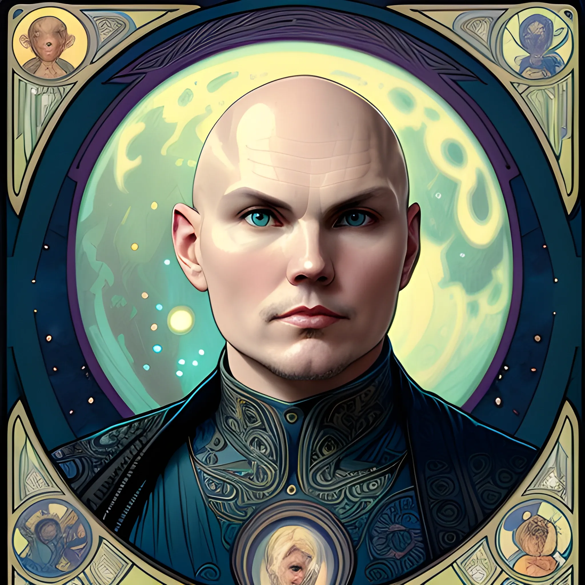 Billy Corgan, his highly detailed, handsome face, his clean, clear blue eyes, bald head, full moon in a nebula sky, clouds; fantasy, Vintage Art, 8k resolution art Nouveau poster; Alphonse Mucha, Artgerm, WLOP, Illustration intricately detailed, trending on Artstation, Renaissance, triadic colors, Chromolithography Soft Shading