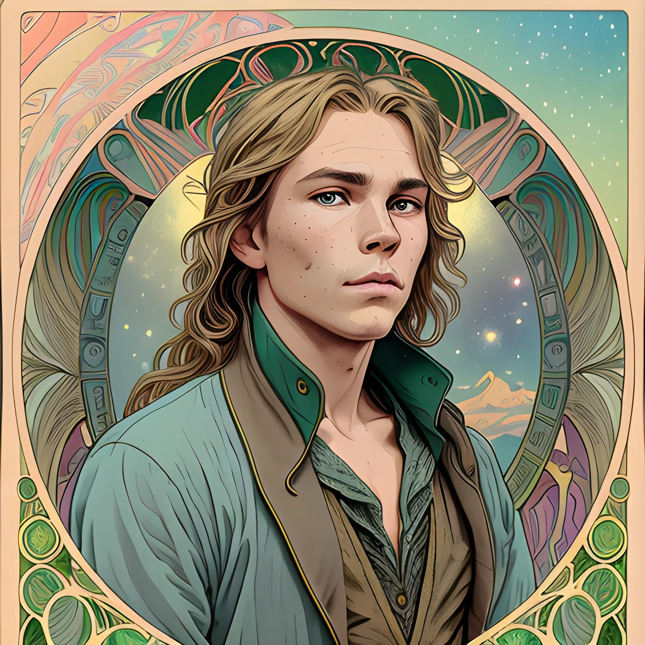 River Phoenix, his highly detailed, softly freckled handsome face, his clean, clear grey-green eyes, meticulously detailed, multi-hued, long blond hair; hippie, full moon in a nebula sky, clouds; fantasy, Vintage Art, 8k resolution art Nouveau poster; Alphonse Mucha, Artgerm, WLOP, Illustration intricately detailed, trending on Artstation, Renaissance, triadic colors, Chromolithography Soft Shading