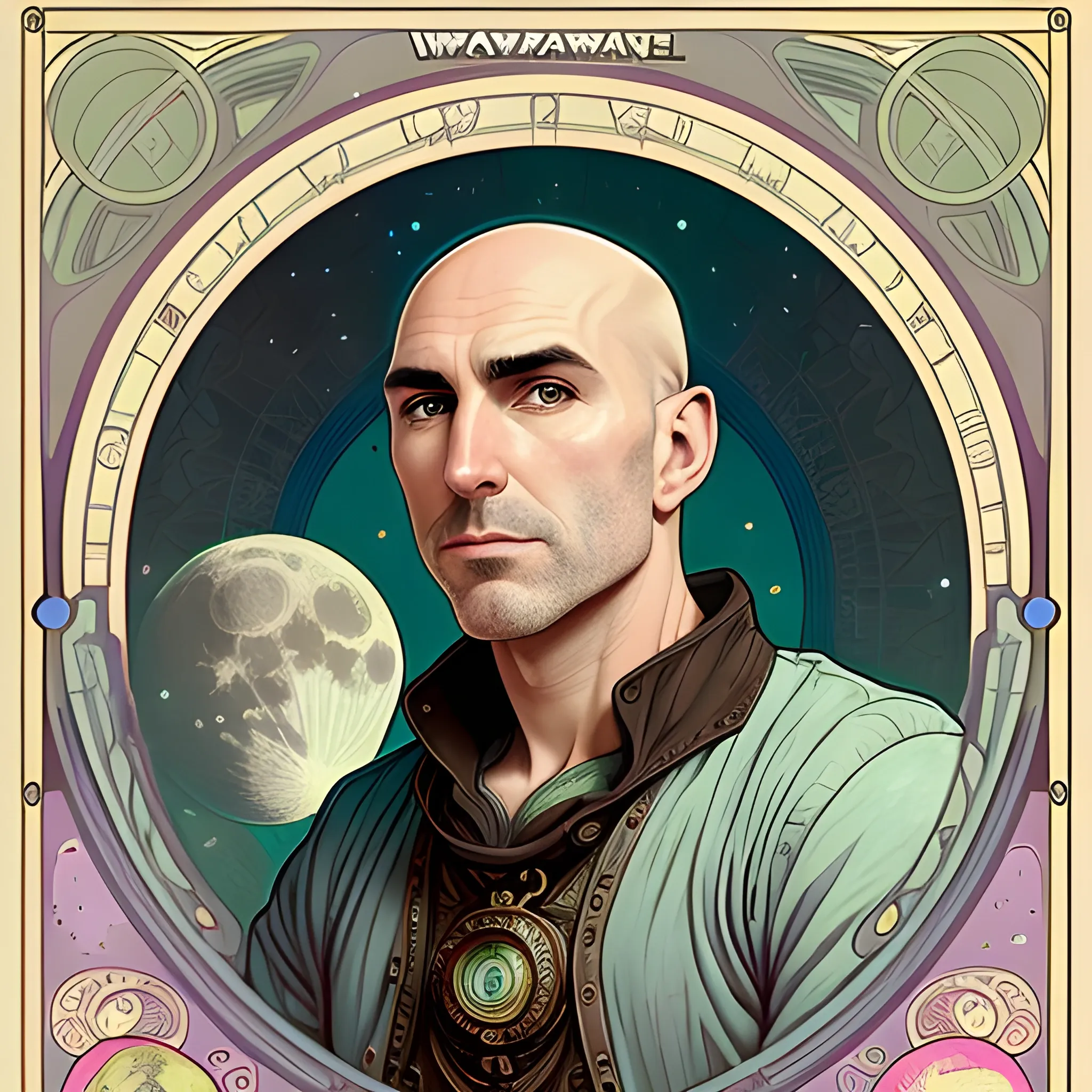 Ed Kowalczyk, his highly detailed, handsome face, his clean, clear brown eyes, bald head, full moon in a nebula sky, clouds; fantasy, Vintage Art, 8k resolution art Nouveau poster; Alphonse Mucha, Artgerm, WLOP, Illustration intricately detailed, trending on Artstation, Renaissance, triadic colors, Chromolithography Soft Shading