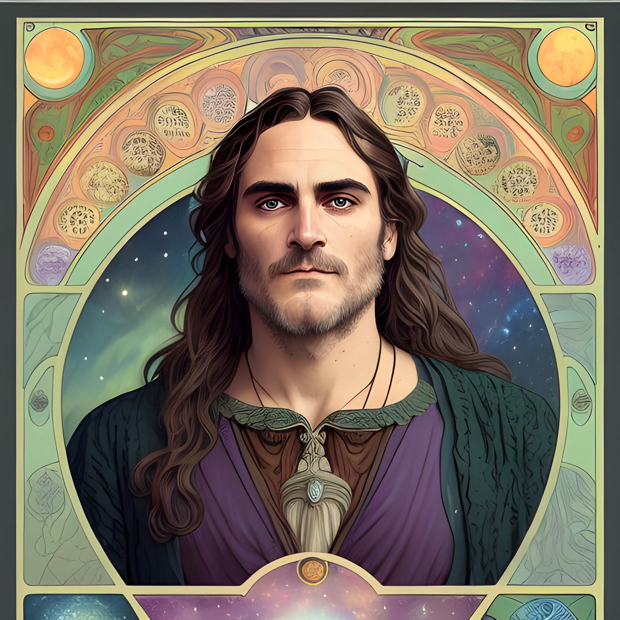 Joaquin Phoenix, his highly detailed, softly freckled handsome face, his clean, clear lavender-green eyes, meticulously detailed, multi-hued, long dark hair; hippie, full moon in a nebula sky, clouds; fantasy, Vintage Art, 8k resolution art Nouveau poster; Alphonse Mucha, Artgerm, WLOP, Illustration intricately detailed, trending on Artstation, Renaissance, triadic colors, Chromolithography Soft Shading