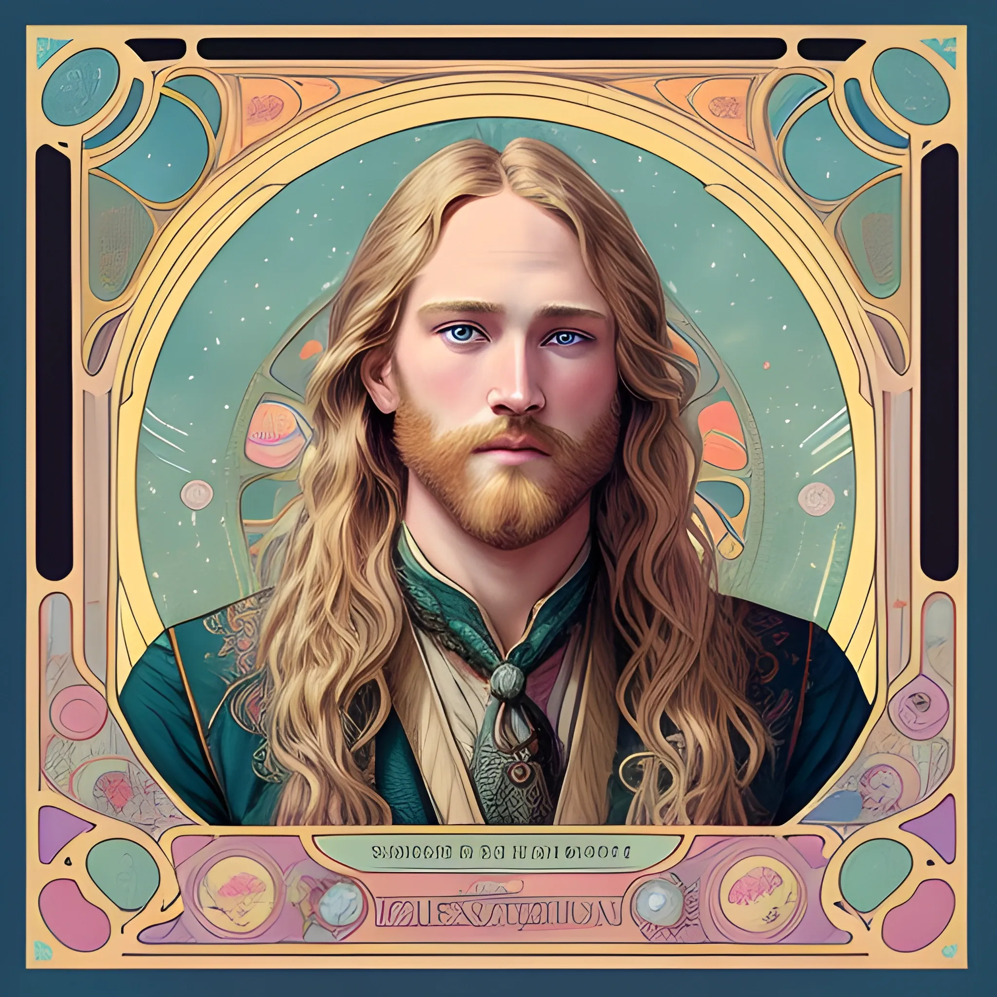 Wyatt Russell, his highly detailed, softly freckled handsome face, his clean, clear blue eyes, meticulously detailed, multi-hued, long blond hair; hippie, full moon in a nebula sky, clouds; fantasy, Vintage Art, 8k resolution art Nouveau poster; Alphonse Mucha, Artgerm, WLOP, Illustration intricately detailed, trending on Artstation, Renaissance, triadic colors, Chromolithography Soft Shading