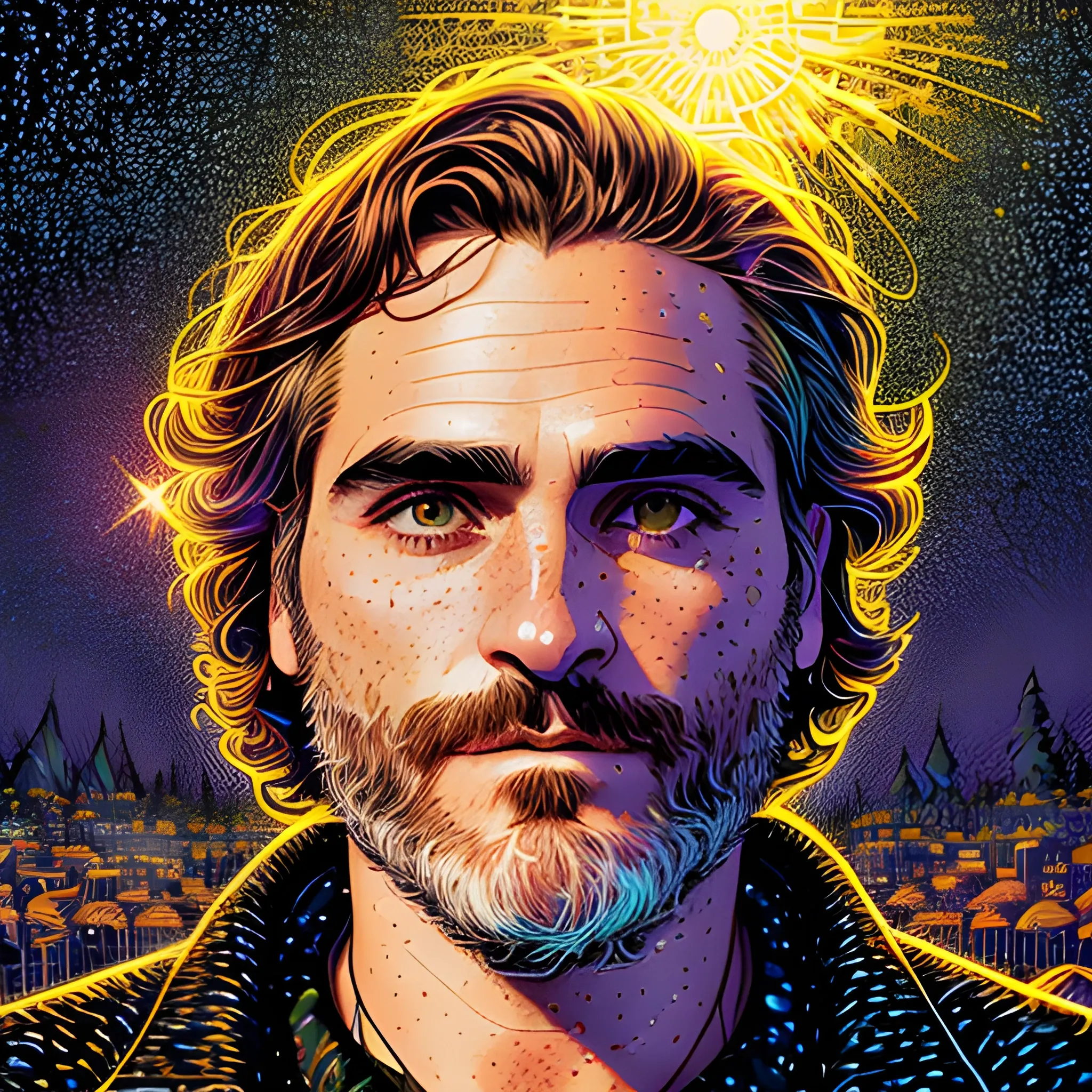 Joaquin Phoenix, his highly detailed, softly freckled handsome face, meticulously detailed long dark hair; by James R. Eads, Fausto-Giurescu, Tania Rivilis, Dan Mumford; luminous colorful sparkles, glitter, airbrush, depth of field, volumetric lighting, rockstar