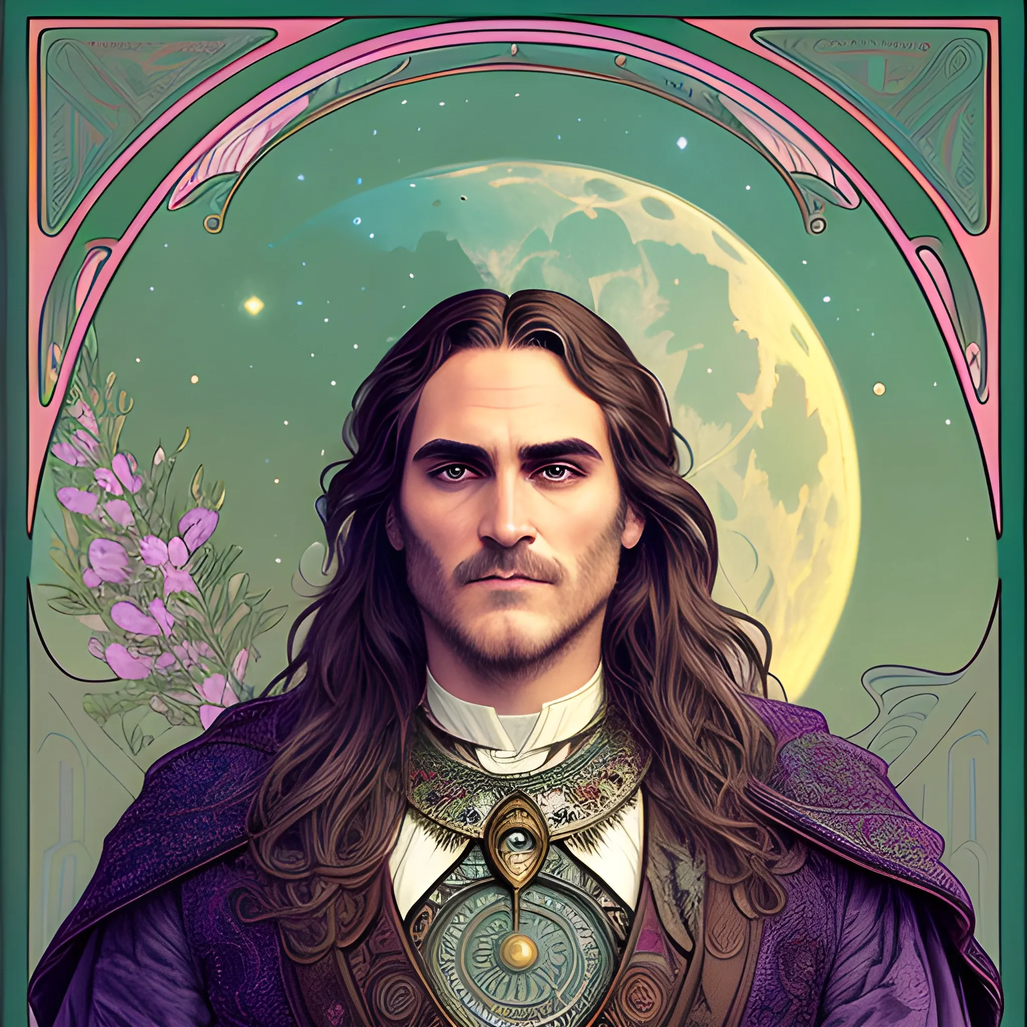 Joaquin Phoenix, his highly detailed, softly freckled handsome face, his clean, clear lavender-green eyes, meticulously detailed, multi-hued, long dark hair; hippie, full moon in a nebula sky, clouds; fantasy, Vintage Art, 8k resolution art Nouveau poster; Alphonse Mucha, Artgerm, WLOP, Illustration intricately detailed, trending on Artstation, Renaissance, triadic colors, Chromolithography Soft Shading