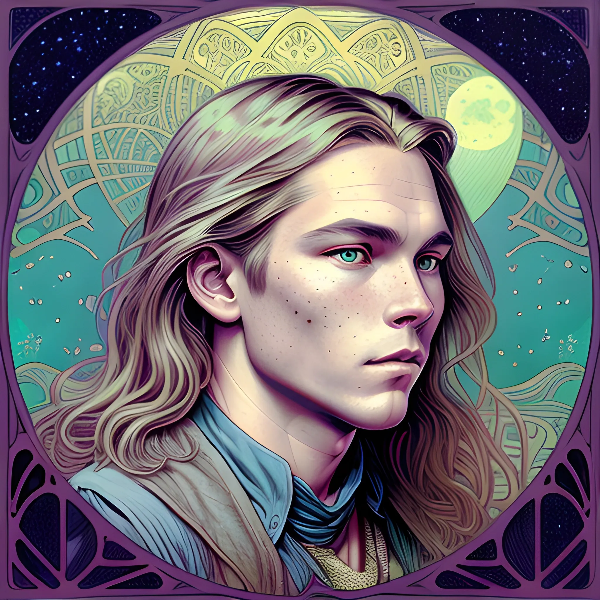 River Phoenix, his highly detailed, softly freckled handsome face, his clean, clear grey-green eyes, meticulously detailed, multi-hued, long blond hair; hippie, full moon in a nebula sky, clouds; fantasy, Vintage Art, 8k resolution art Nouveau poster; Alphonse Mucha, Artgerm, WLOP, Illustration intricately detailed, trending on Artstation, Renaissance, triadic colors, Chromolithography Soft Shading