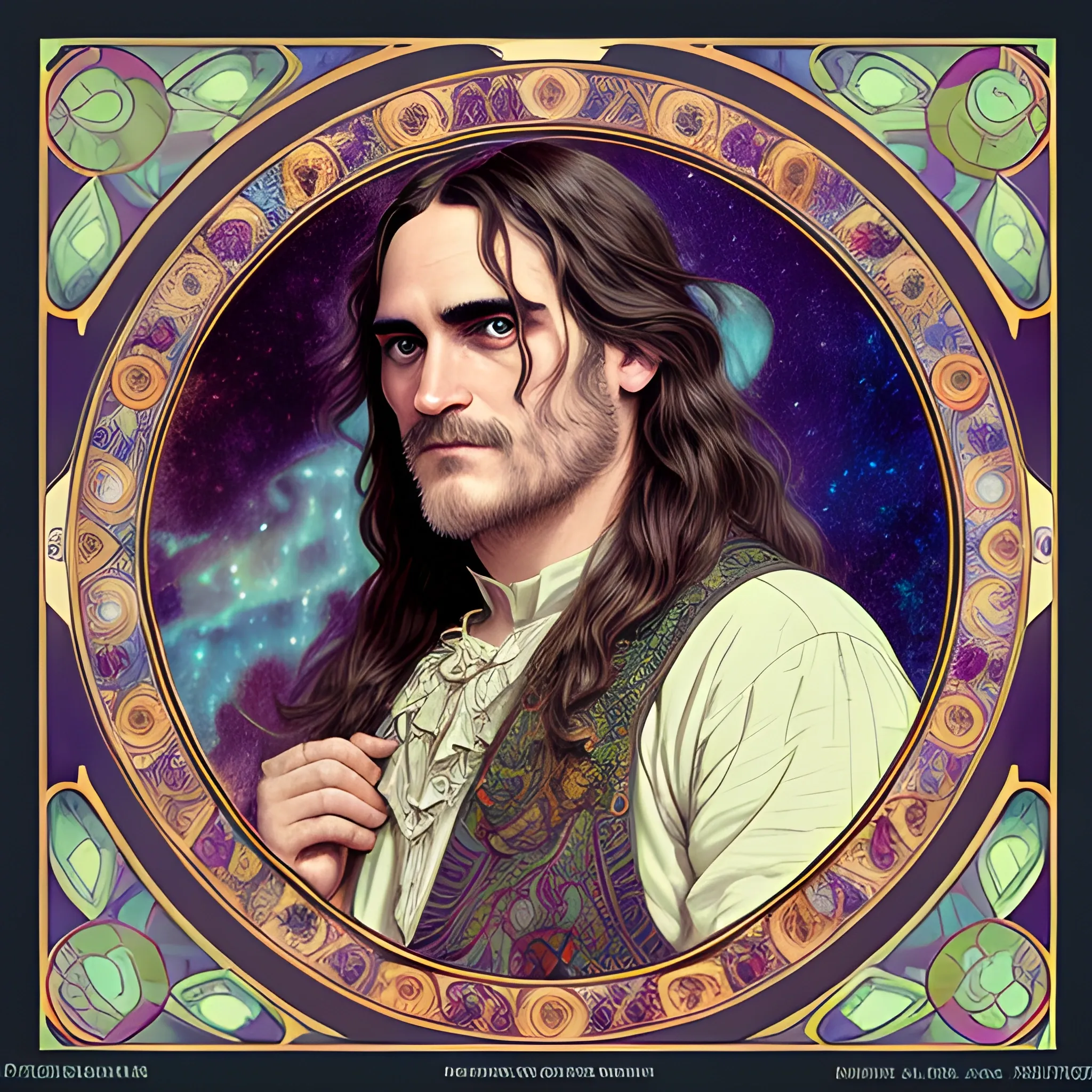 Joaquin Phoenix, his highly detailed, softly freckled handsome face, his clean, clear lavender-green eyes, meticulously detailed, multi-hued, long dark hair; hippie, fullmoon in a nebula sky, clouds; fantasy, Vintage Art, 8k resolution art Nouveau poster; Alphonse Mucha, Artgerm, WLOP, Illustration intricately detailed, trending on Artstation, Renaissance, triadic colors, Chromolithography Soft Shading