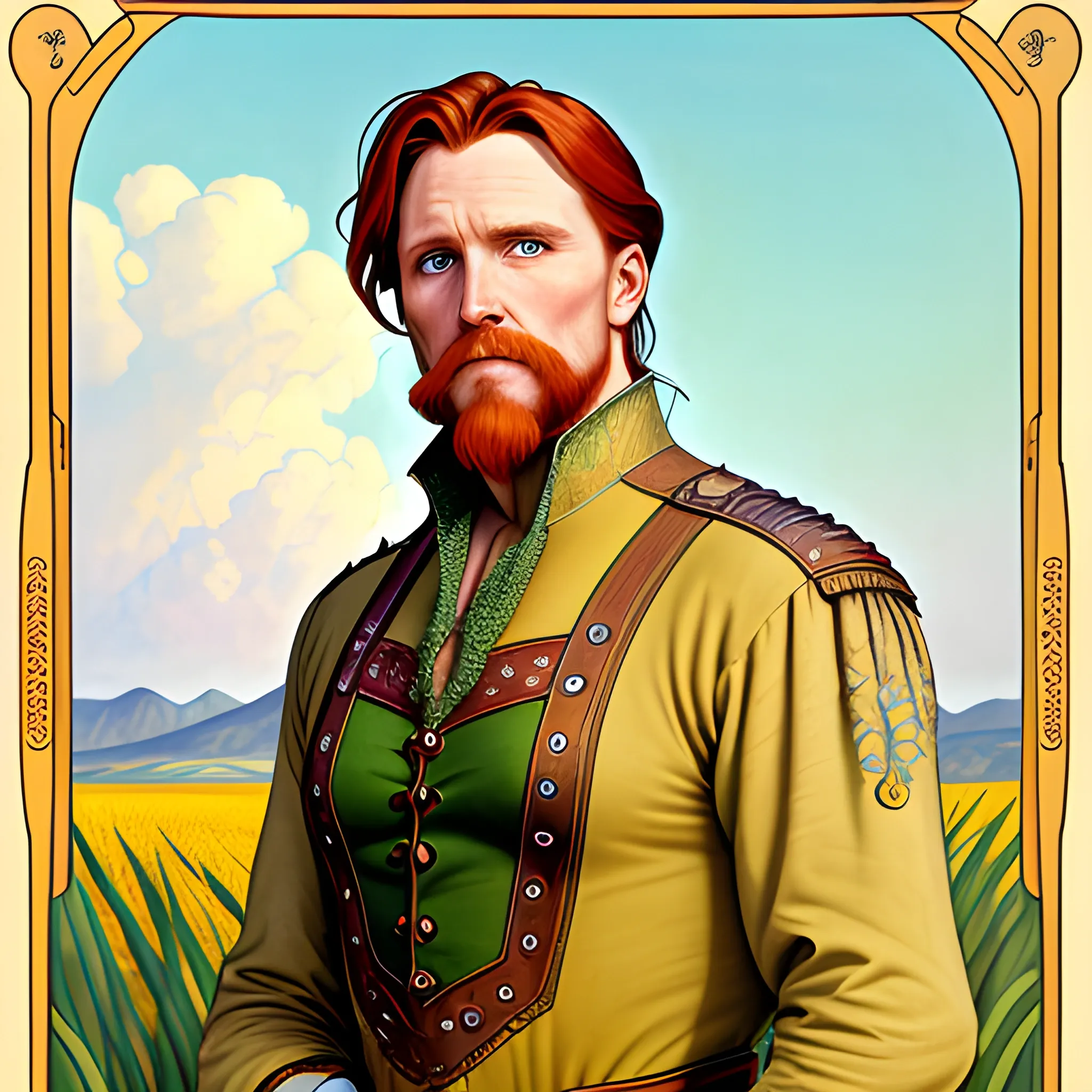 young man Malachai of the Corn, Courtney Gains, his highly detailed, softly freckled handsome face, his clean, clear eyes, meticulously detailed, multi-hued, long red hair; hippie, pirate, the man gazes to the cornfield; yellow, blue, green, across a misty pastel-colored cornfield, corn, corn on the cob, clouds; fantasy, Vintage Art, 8k resolution art Nouveau poster; Alphonse Mucha, Artgerm, WLOP, Illustration intricately detailed, trending on Artstation, Renaissance, triadic colors, Chromolithography Soft Shading, male, man, corn