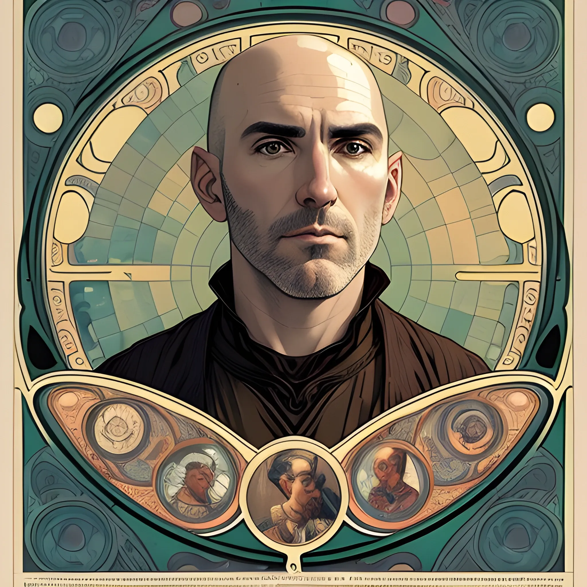 Ed Kowalczyk, his highly detailed, handsome face, his clean, clear brown eyes, bald head, full moon in a nebula sky, clouds; fantasy, Vintage Art, 8k resolution art Nouveau poster; Alphonse Mucha, Artgerm, WLOP, Illustration intricately detailed, trending on Artstation, Renaissance, triadic colors, Chromolithography Soft Shading