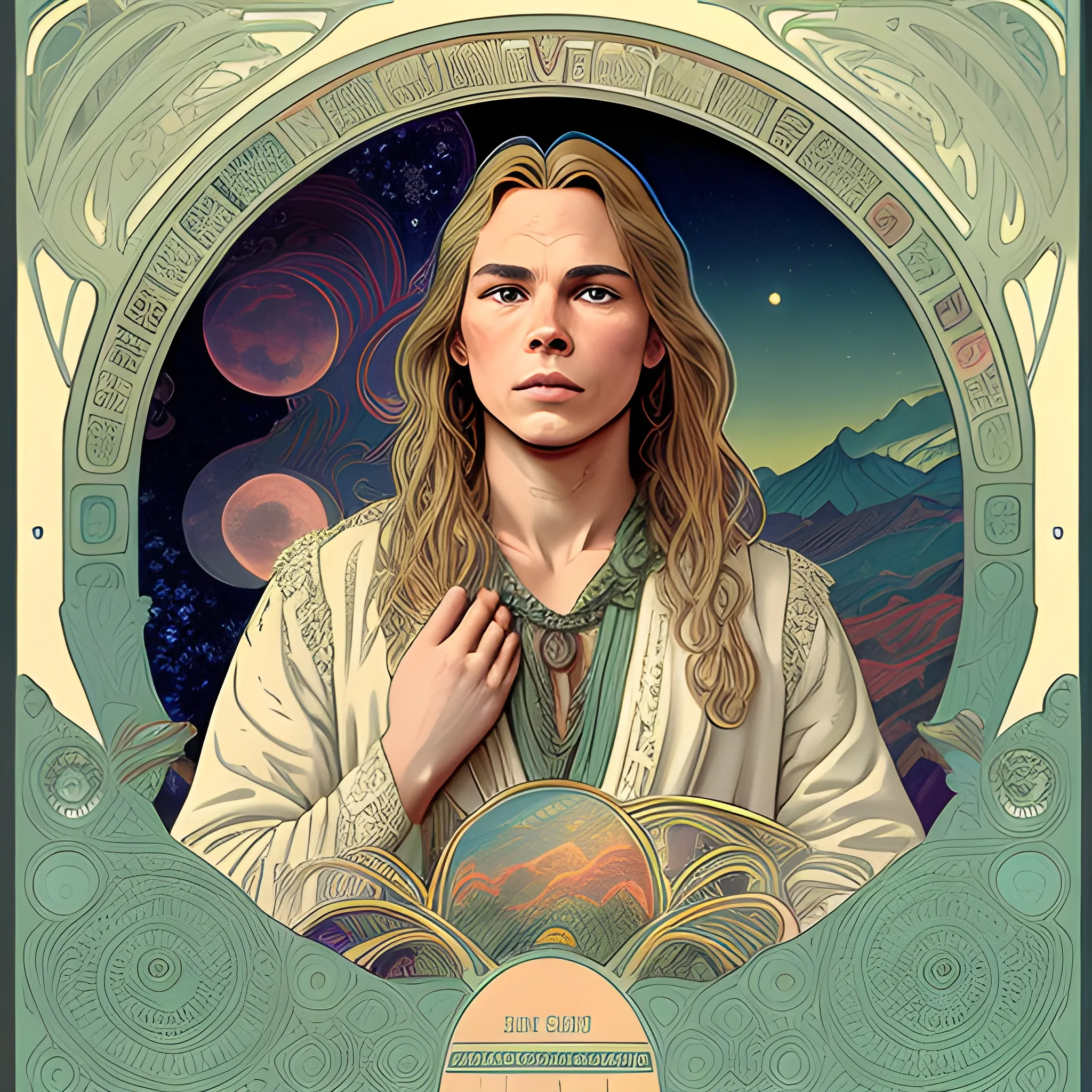 River Phoenix, his highly detailed, softly freckled handsome face, his clean, clear grey-green eyes, meticulously detailed, multi-hued, long blond hair; hippie, full moon in a nebula sky, clouds; fantasy, Vintage Art, 8k resolution art Nouveau poster; Alphonse Mucha, Artgerm, WLOP, Illustration intricately detailed, trending on Artstation, Renaissance, triadic colors, Chromolithography Soft Shading