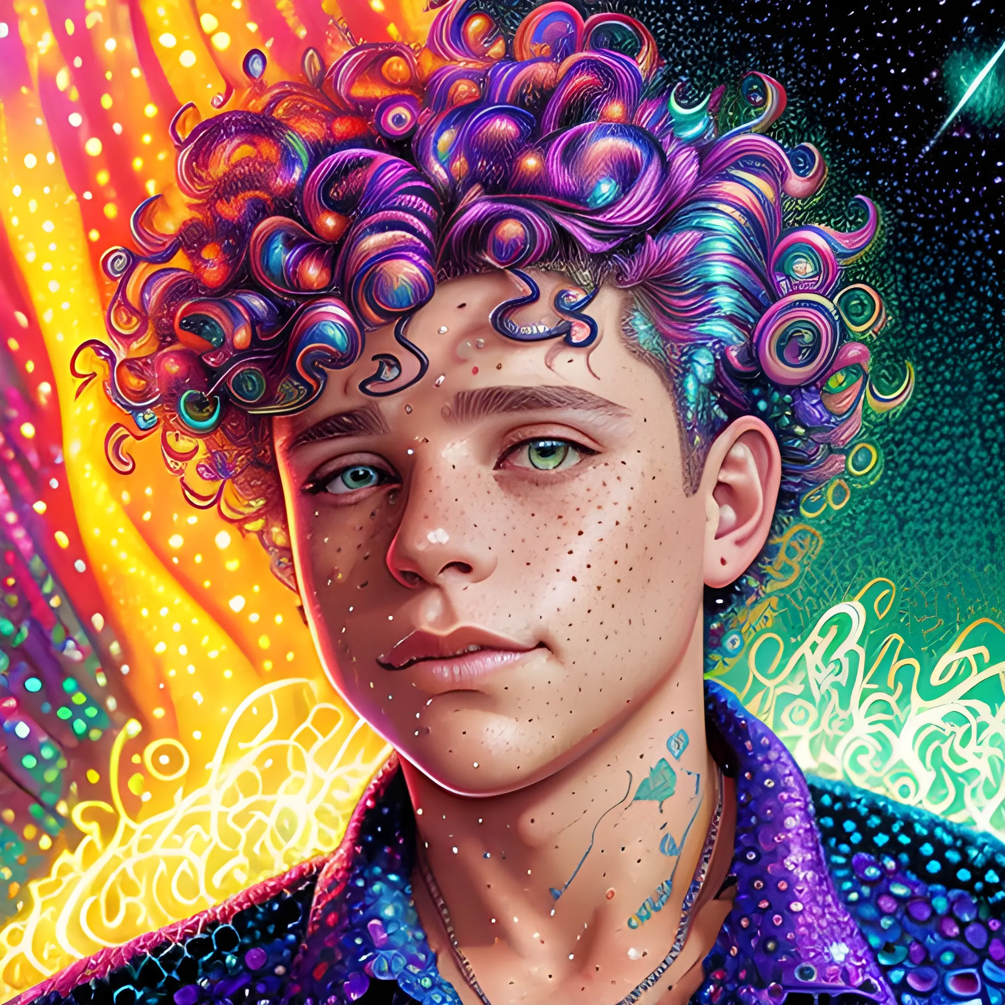 Corey Haim, his highly detailed, softly freckled handsome face, meticulously detailed multi-hued curly hair; by James R. Eads, Fausto-Giurescu, Tania Rivilis, Dan Mumford; luminous colorful sparkles, glitter, airbrush, depth of field, volumetric lighting, rockstar
