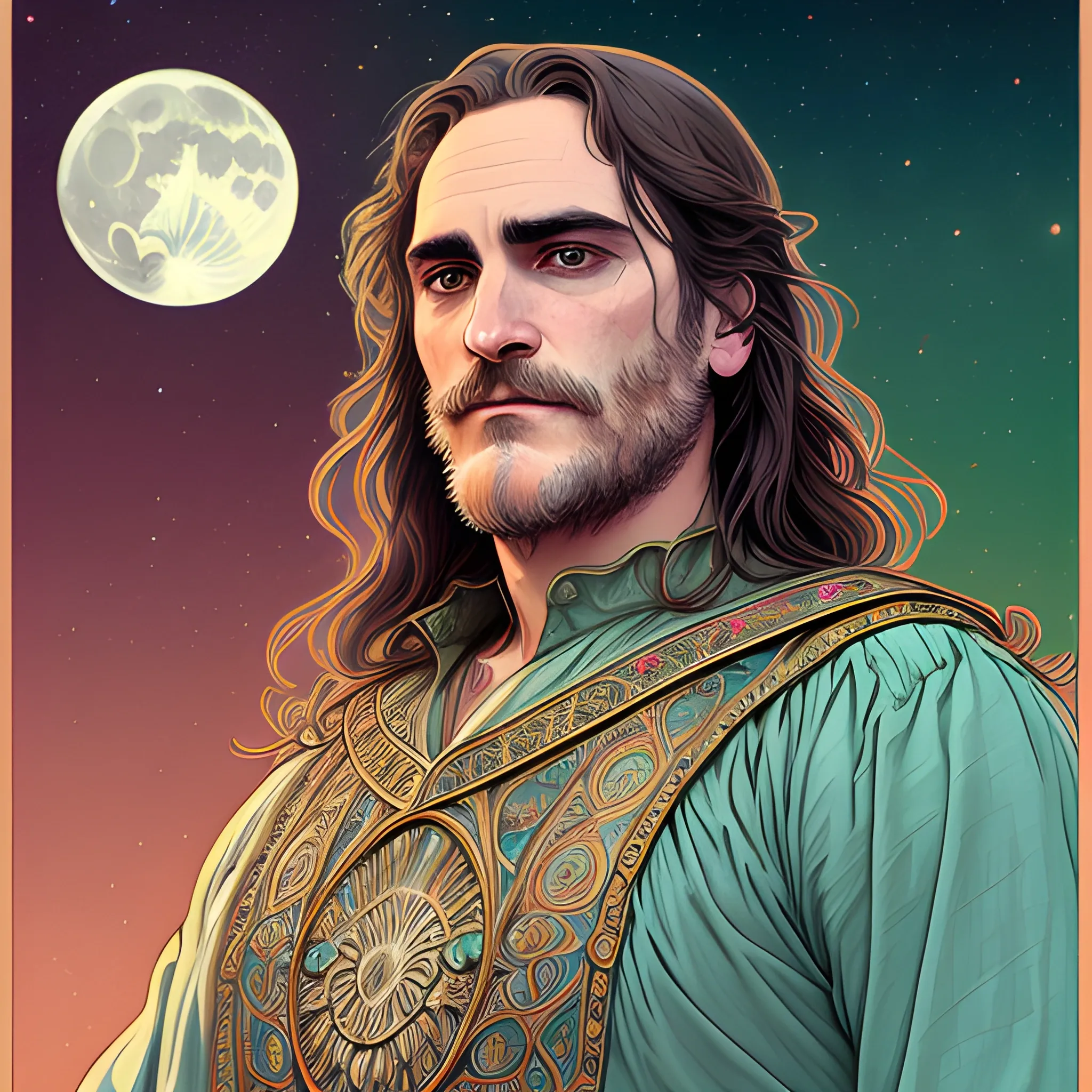 Joaquin Phoenix, his highly detailed, softly freckled handsome face, his clean, clear lavender-green eyes, meticulously detailed, multi-hued, long dark hair; hippie, full moon in a nebula sky, clouds; fantasy, Vintage Art, 8k resolution art Nouveau poster; Alphonse Mucha, Artgerm, WLOP, Illustration intricately detailed, trending on Artstation, Renaissance, triadic colors, Chromolithography Soft Shading