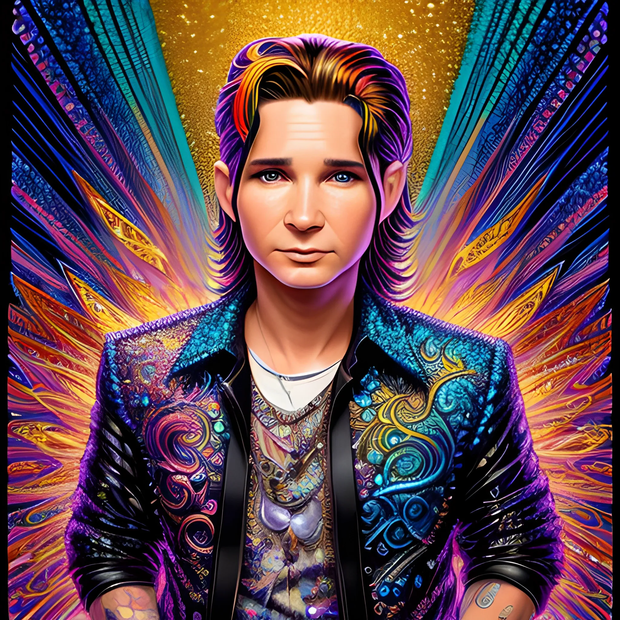 Corey Feldman, his highly detailed, handsome face, brown eyes, meticulously detailed multi-hued long straight feathered hair; by James R. Eads, Fausto-Giurescu, Tania Rivilis, Dan Mumford; luminous colorful sparkles, glitter, airbrush, depth of field, volumetric lighting, rockstar