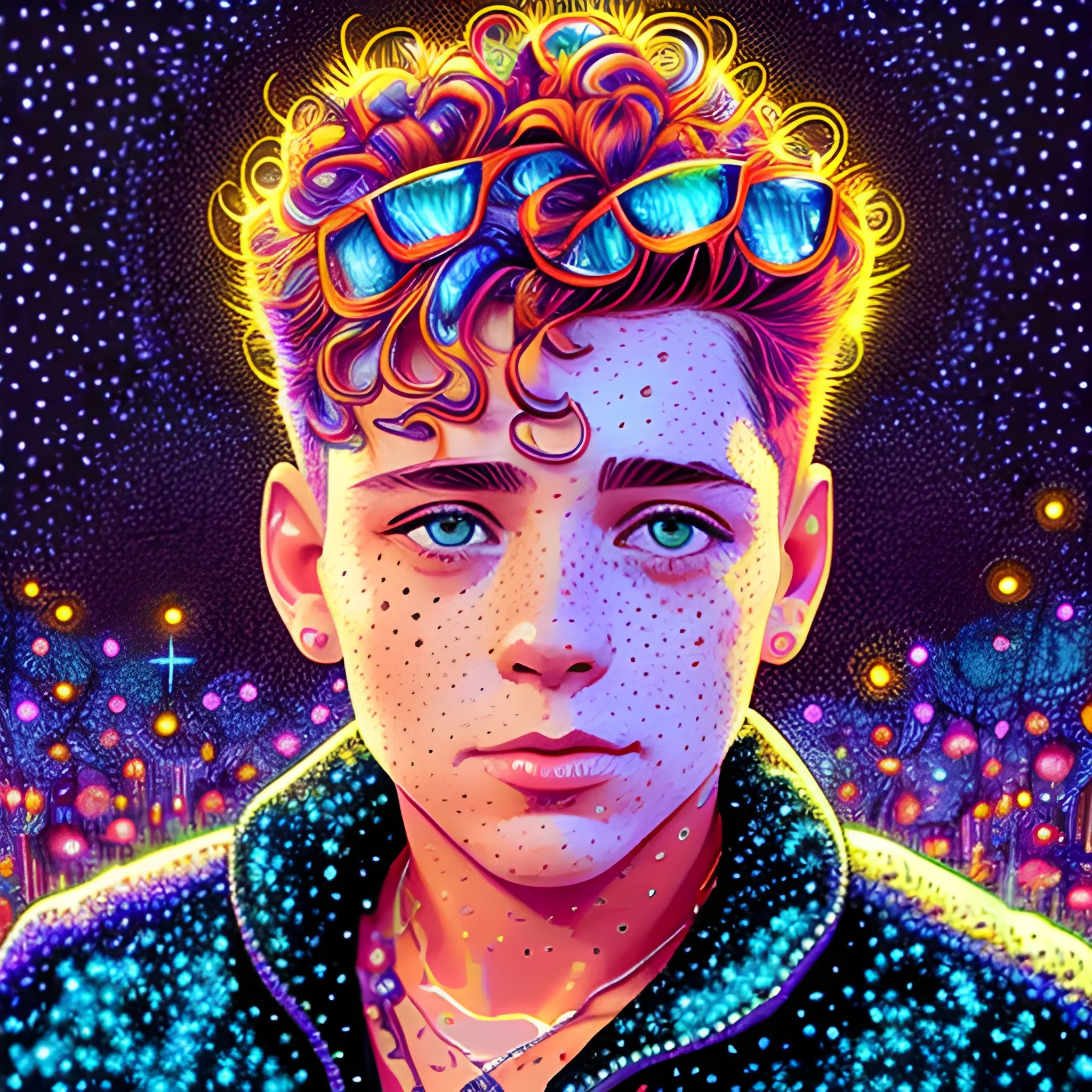Corey Haim, his highly detailed, softly freckled handsome face, meticulously detailed multi-hued hair; by James R. Eads, Fausto-Giurescu, Tania Rivilis, Dan Mumford; luminous colorful sparkles, glitter, airbrush, depth of field, volumetric lighting, rockstar