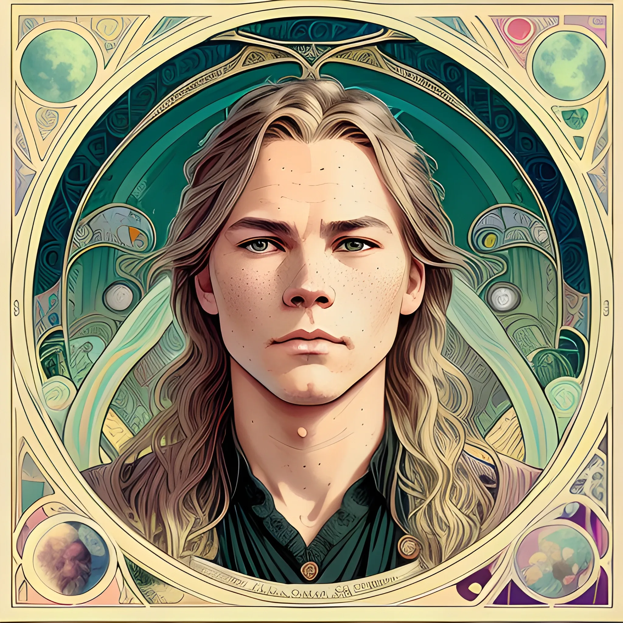 River Phoenix, his highly detailed, softly freckled handsome face, his clean, clear grey-green eyes, meticulously detailed, multi-hued, long blond hair; hippie, full moon in a nebula sky, clouds; fantasy, Vintage Art, 8k resolution art Nouveau poster; Alphonse Mucha, Artgerm, WLOP, Illustration intricately detailed, trending on Artstation, Renaissance, triadic colors, Chromolithography Soft Shading