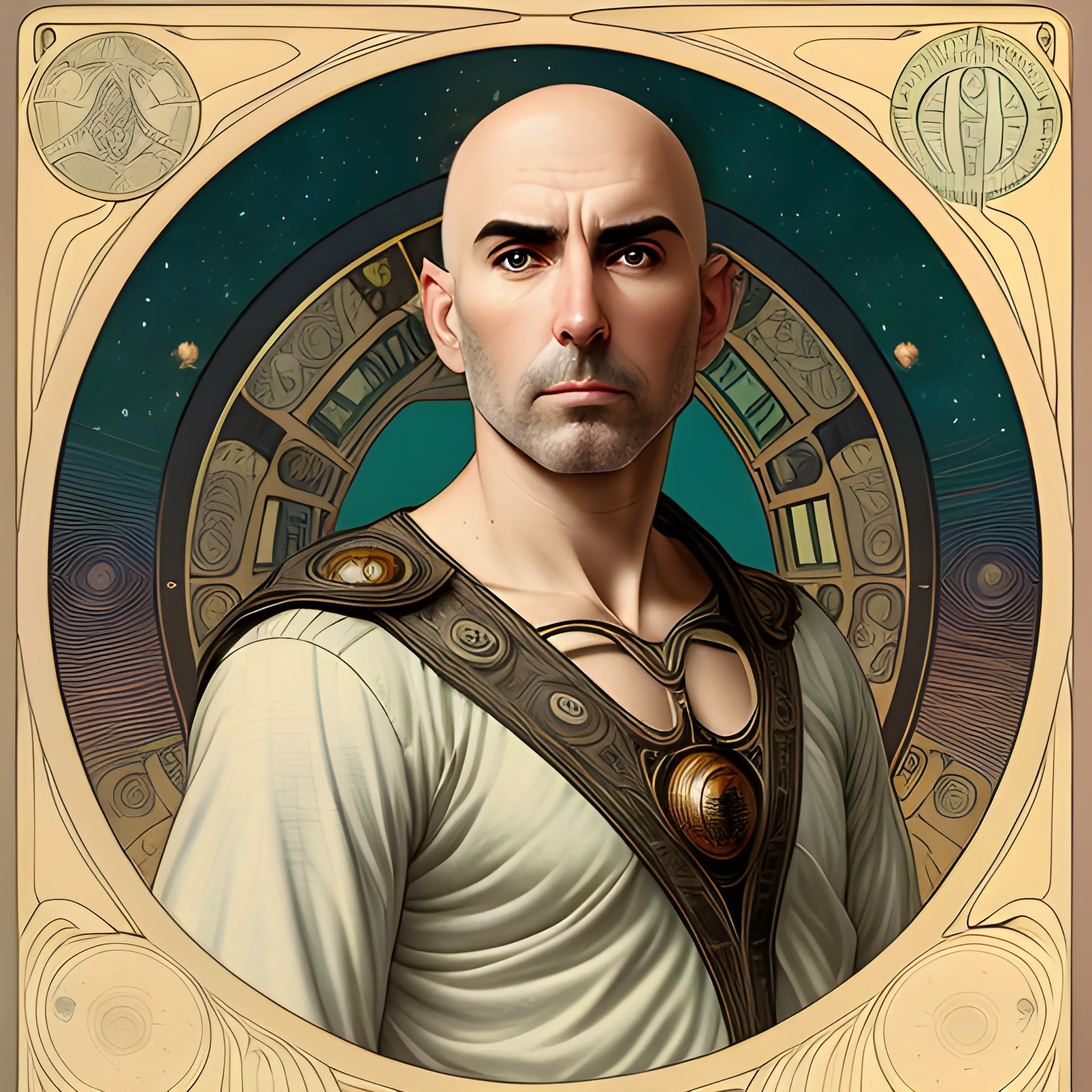 Ed Kowalczyk, his highly detailed, handsome face, his clean, clear brown eyes, bald head, full moon in a nebula sky, clouds; fantasy, Vintage Art, 8k resolution art Nouveau poster; Alphonse Mucha, Artgerm, WLOP, Illustration intricately detailed, trending on Artstation, Renaissance, triadic colors, Chromolithography Soft Shading