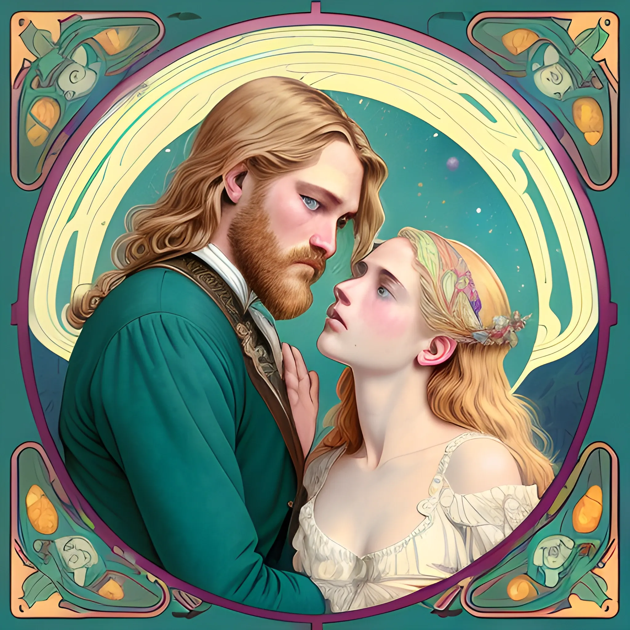 Wyatt Russell, his highly detailed, softly freckled handsome face, his clean, clear blue eyes, meticulously detailed, multi-hued, long blond hair; hippie, full moon in a nebula sky, clouds; fantasy, Vintage Art, 8k resolution art Nouveau poster; Alphonse Mucha, Artgerm, WLOP, Illustration intricately detailed, trending on Artstation, Renaissance, triadic colors, Chromolithography Soft Shading