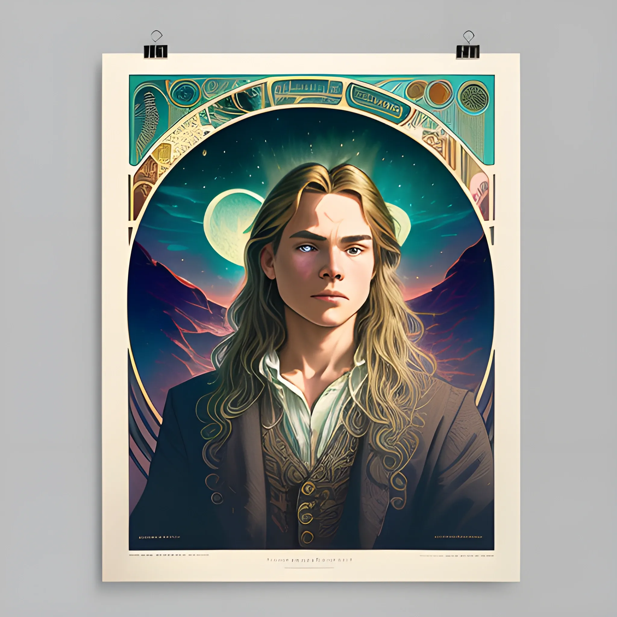 River Phoenix, his highly detailed, softly freckled handsome face, his clean, clear grey-green eyes, meticulously detailed, multi-hued, long blond hair; hippie, full moon in a nebula sky, clouds; fantasy, Vintage Art, 8k resolution art Nouveau poster; Alphonse Mucha, Artgerm, WLOP, Illustration intricately detailed, trending on Artstation, Renaissance, triadic colors, Chromolithography Soft Shading