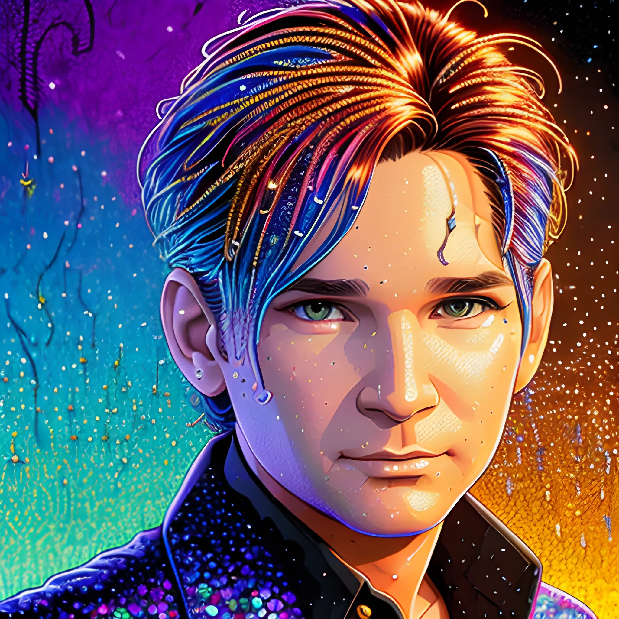 Corey Feldman, his highly detailed, handsome face, brown eyes, meticulously detailed multi-hued long straight feathered hair; by James R. Eads, Fausto-Giurescu, Tania Rivilis, Dan Mumford; luminous colorful sparkles, glitter, airbrush, depth of field, volumetric lighting, rockstar