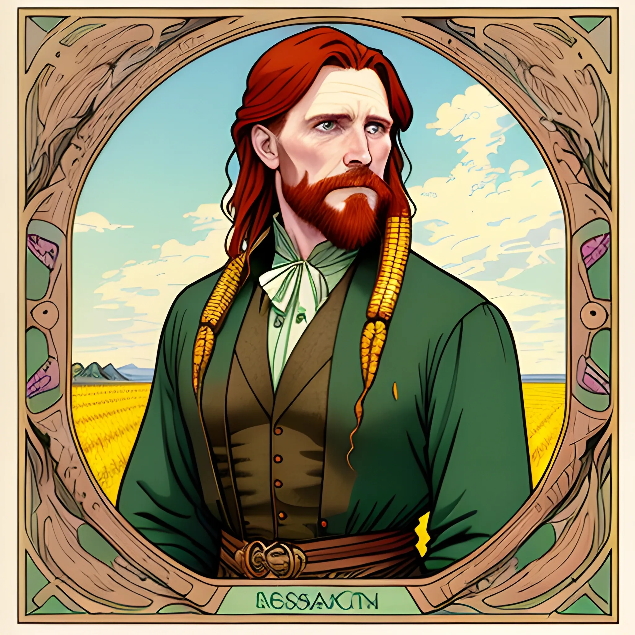 young man Malachai of the Corn, Courtney Gains, his highly detailed, softly freckled handsome face, his clean, clear eyes, meticulously detailed, multi-hued, long red hair; hippie, pirate, the man gazes to the cornfield; yellow, blue, green, across a misty pastel-colored cornfield, corn, corn on the cob, clouds; fantasy, Vintage Art, 8k resolution art Nouveau poster; Alphonse Mucha, Artgerm, WLOP, Illustration intricately detailed, trending on Artstation, Renaissance, triadic colors, Chromolithography Soft Shading, male, man, corn
