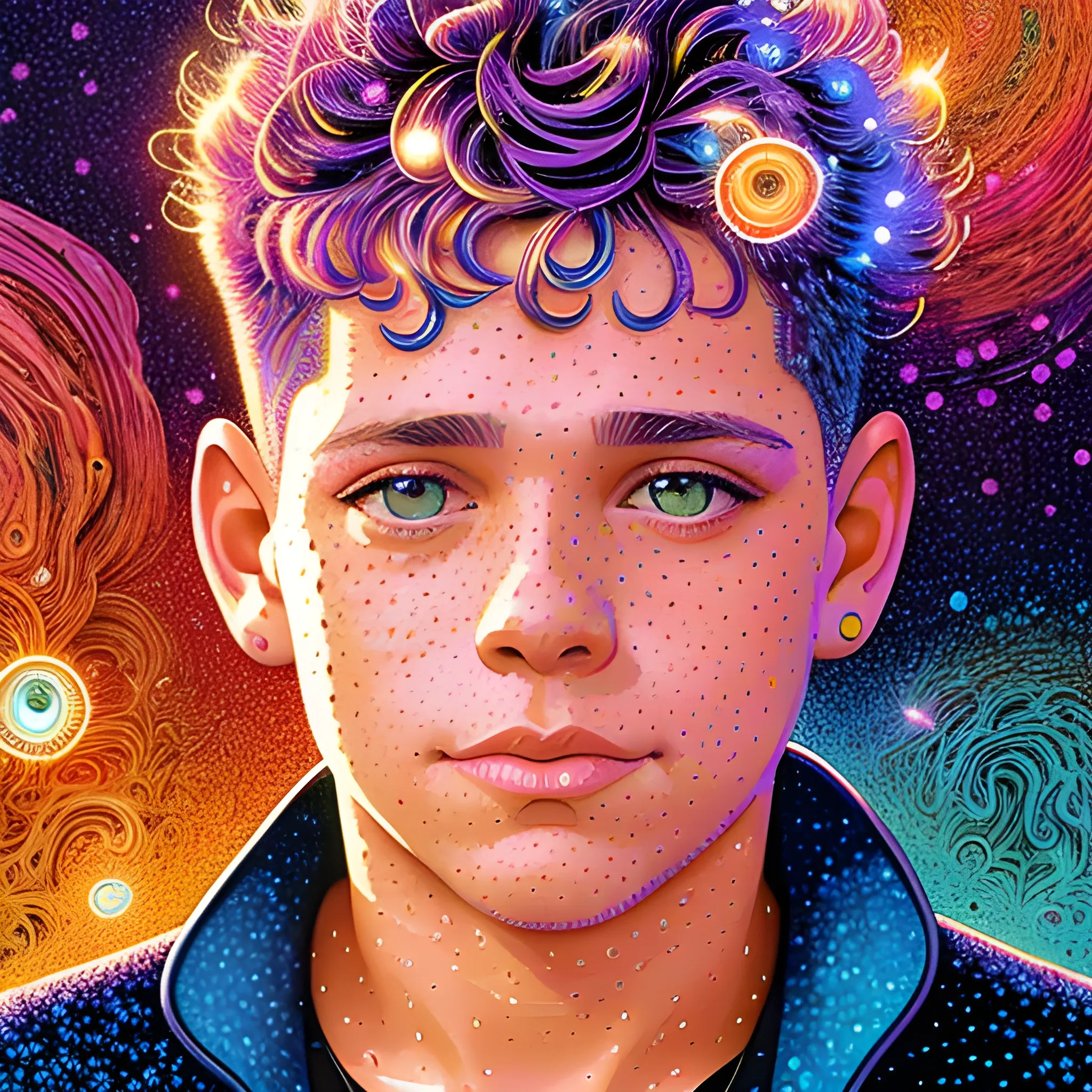 Corey Haim, his highly detailed, softly freckled handsome face, meticulously detailed multi-hued hair; by James R. Eads, Fausto-Giurescu, Tania Rivilis, Dan Mumford; luminous colorful sparkles, glitter, airbrush, depth of field, volumetric lighting, rockstar
