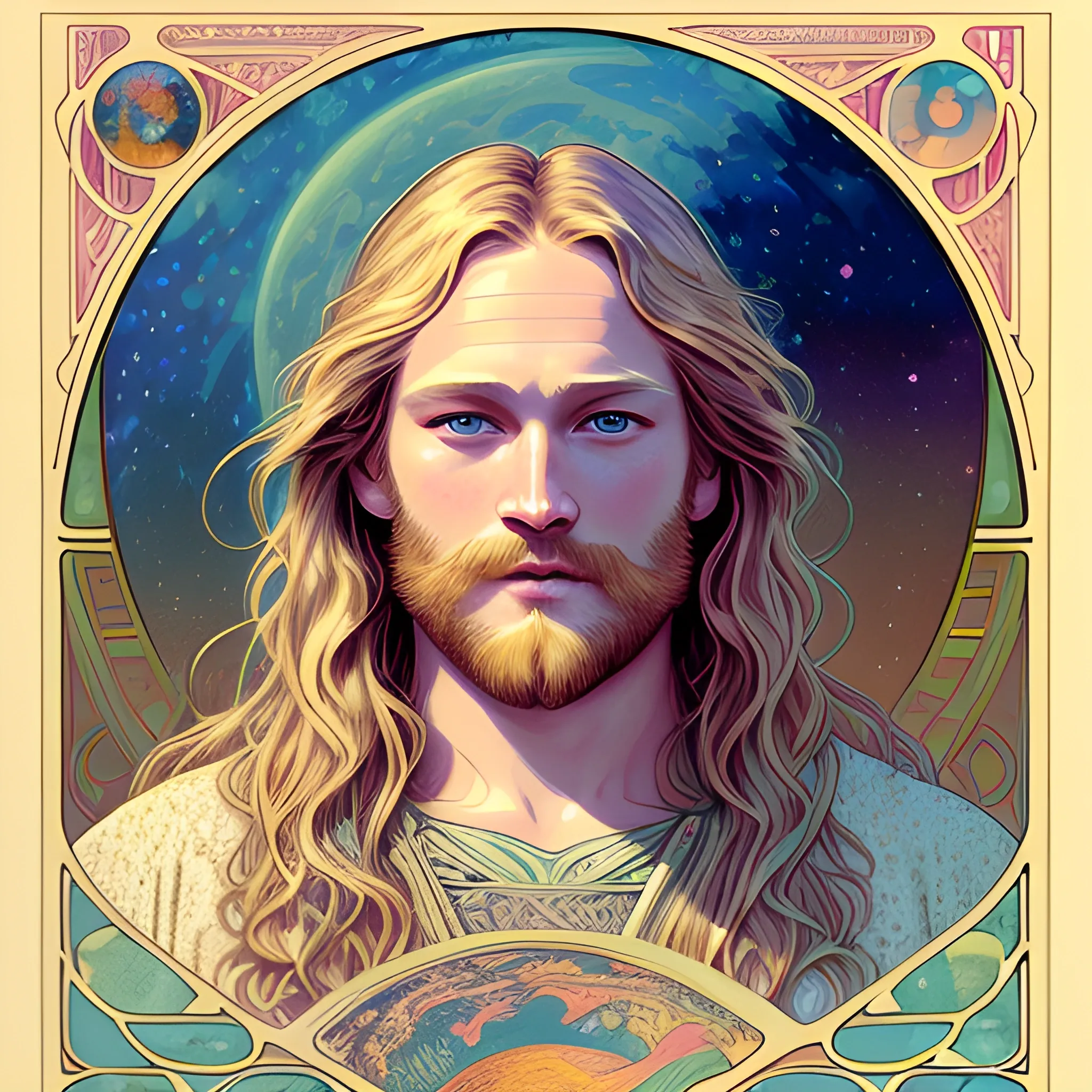 Wyatt Russell, his highly detailed, softly freckled handsome face, his clean, clear blue eyes, meticulously detailed, multi-hued, long blond hair; hippie, full moon in a nebula sky, clouds; fantasy, Vintage Art, 8k resolution art Nouveau poster; Alphonse Mucha, Artgerm, WLOP, Illustration intricately detailed, trending on Artstation, Renaissance, triadic colors, Chromolithography Soft Shading