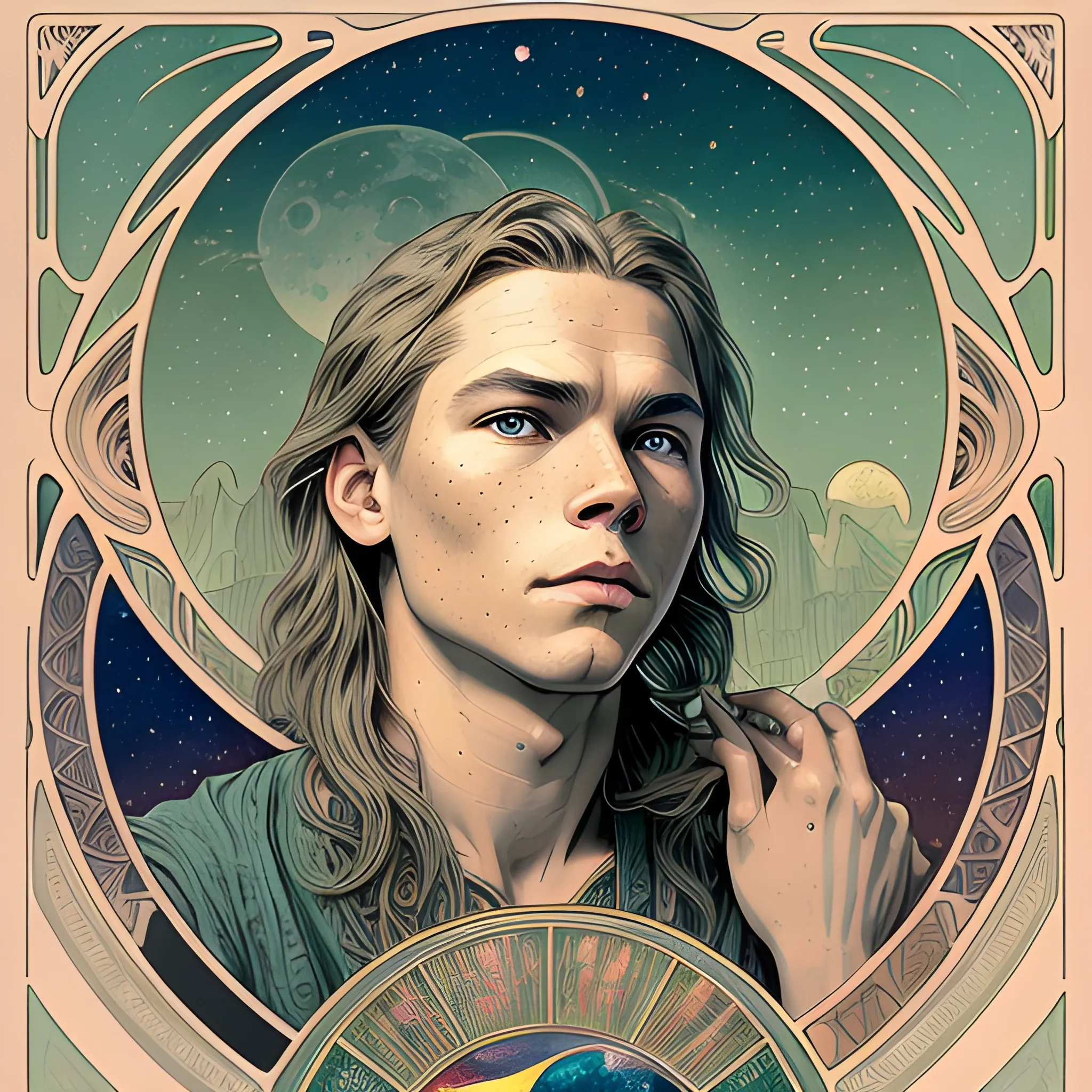 River Phoenix, his highly detailed, softly freckled handsome face, his clean, clear grey-green eyes, meticulously detailed, multi-hued, long blond hair; hippie, full moon in a nebula sky, clouds; fantasy, Vintage Art, 8k resolution art Nouveau poster; Alphonse Mucha, Artgerm, WLOP, Illustration intricately detailed, trending on Artstation, Renaissance, triadic colors, Chromolithography Soft Shading