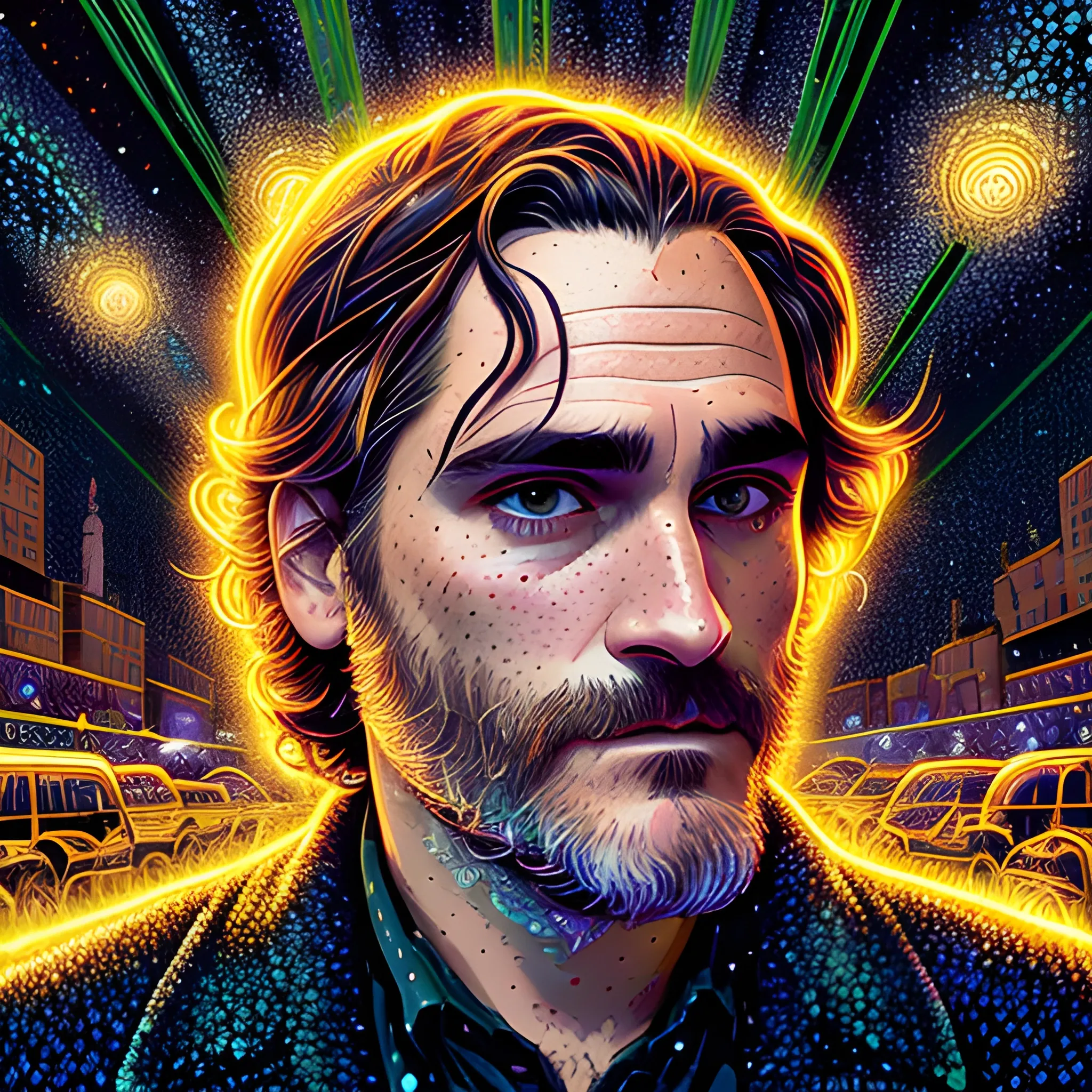 Joaquin Phoenix, his highly detailed, softly freckled handsome face, meticulously detailed long dark hair; by James R. Eads, Fausto-Giurescu, Tania Rivilis, Dan Mumford; luminous colorful sparkles, glitter, airbrush, depth of field, volumetric lighting, rockstar