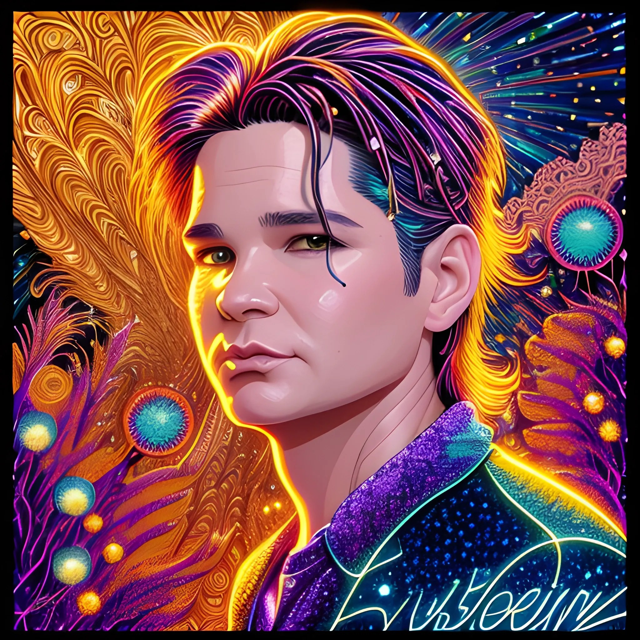 Corey Feldman, his highly detailed, handsome face, brown eyes, meticulously detailed multi-hued long straight feathered hair; by James R. Eads, Fausto-Giurescu, Tania Rivilis, Dan Mumford; luminous colorful sparkles, glitter, airbrush, depth of field, volumetric lighting, rockstar