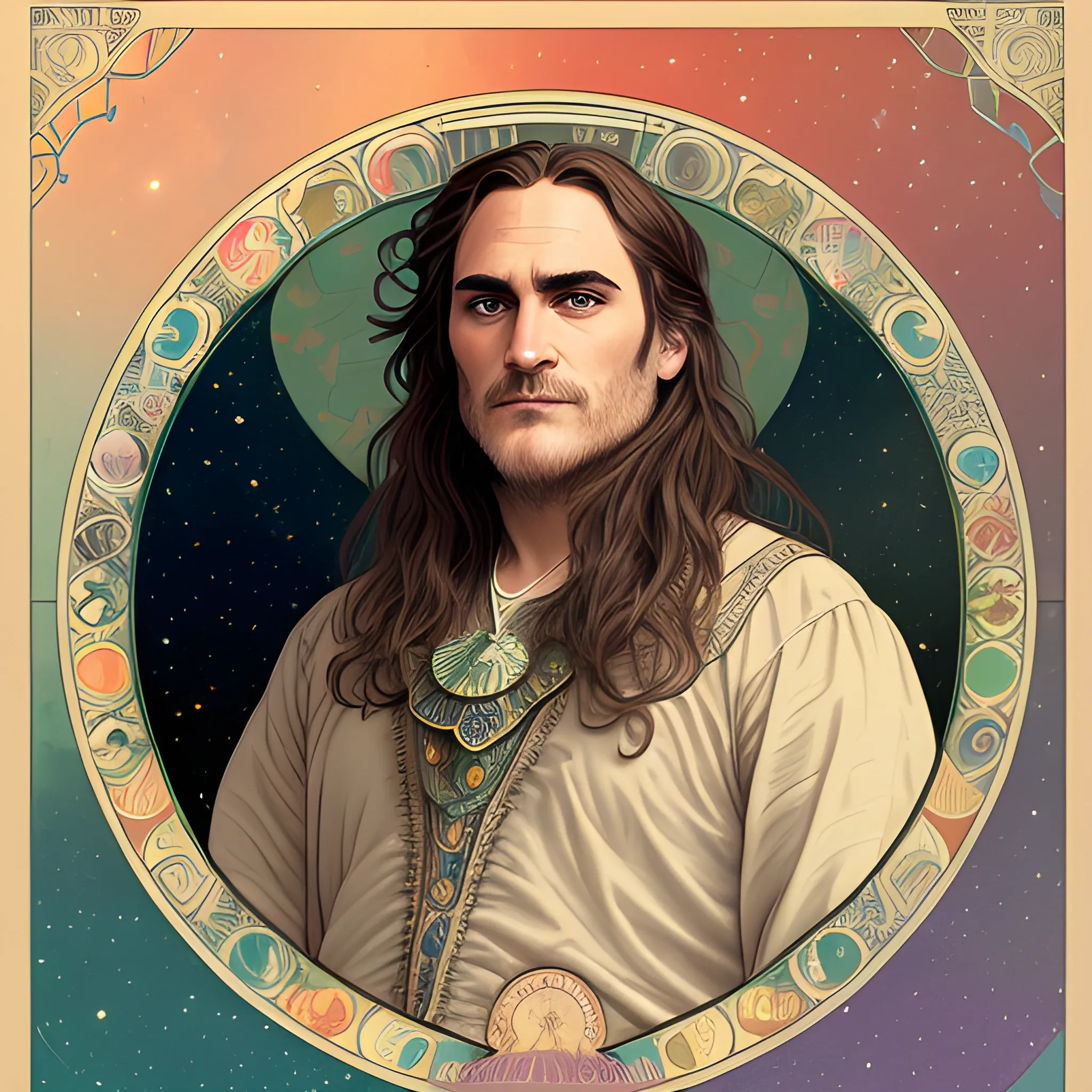 Joaquin Phoenix, his highly detailed, softly freckled handsome face, his clean, clear lavender-green eyes, meticulously detailed, multi-hued, long dark hair; hippie, fullmoon in a nebula sky, clouds; fantasy, Vintage Art, 8k resolution art Nouveau poster; Alphonse Mucha, Artgerm, WLOP, Illustration intricately detailed, trending on Artstation, Renaissance, triadic colors, Chromolithography Soft Shading