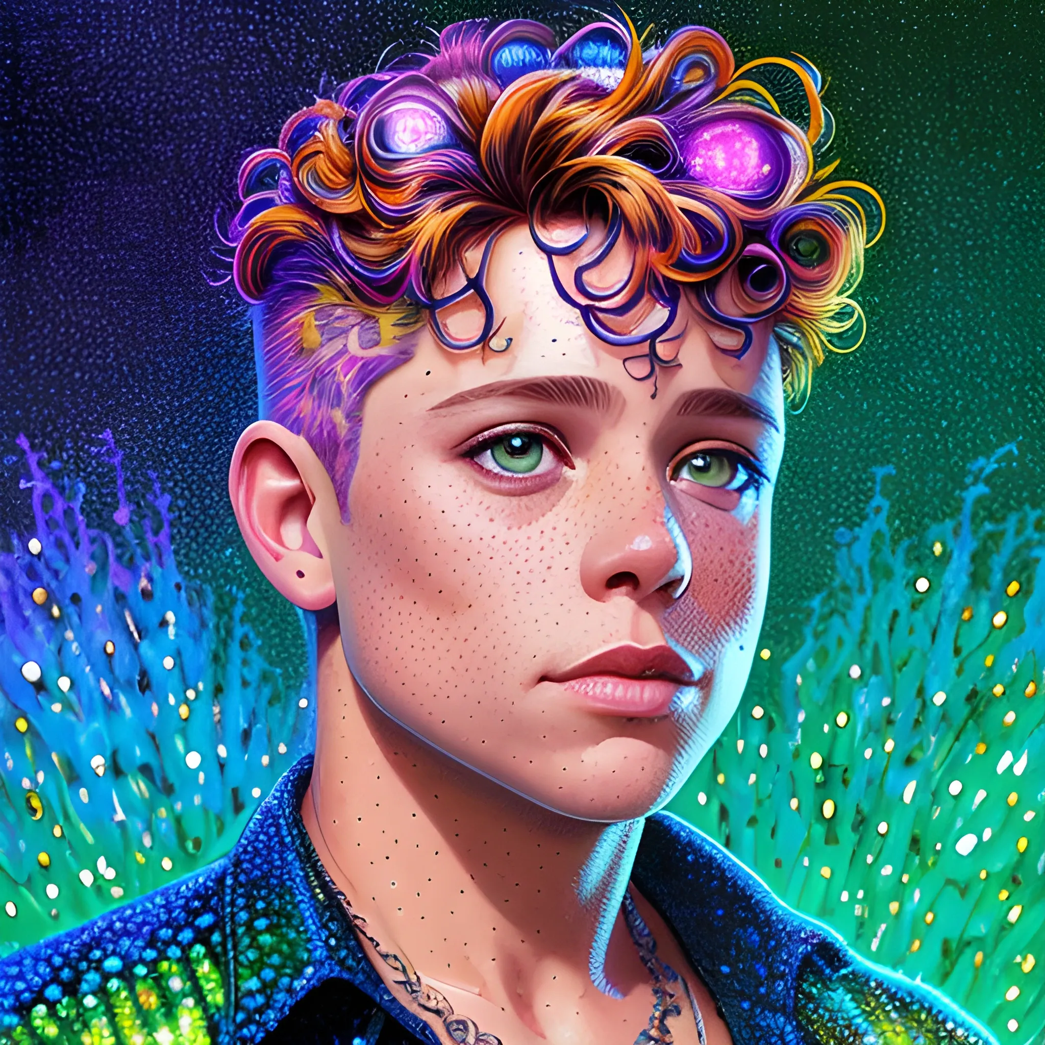 Corey Haim, his highly detailed, softly freckled handsome face, meticulously detailed multi-hued hair; by James R. Eads, Fausto-Giurescu, Tania Rivilis, Dan Mumford; luminous colorful sparkles, glitter, airbrush, depth of field, volumetric lighting, rockstar