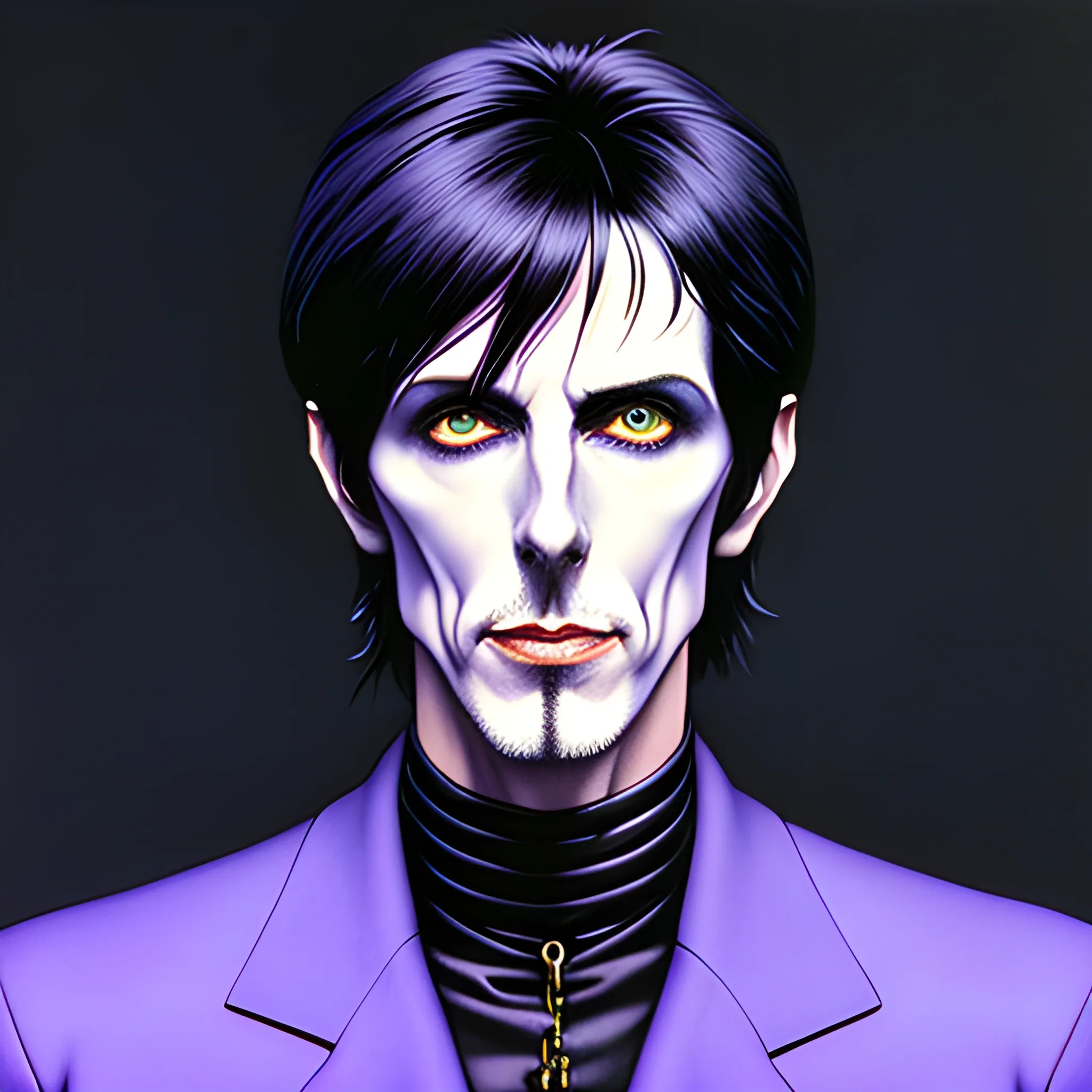 young Ric Ocasek, The Cars, his highly detailed angular, sunken face, blue eyes, meticulously detailed multi-hued short black hair, burgundy, berry wine and black, eldritch, macabre, by Stephen Gammell, Zdzislaw Beksinski; luminous color sparkles, Vintage Art, 8k resolution, Artgerm, WLOP, Lisa Frank, James R. Eads, Illustration intricately detailed, Artstation, Chromolithography Soft Shading