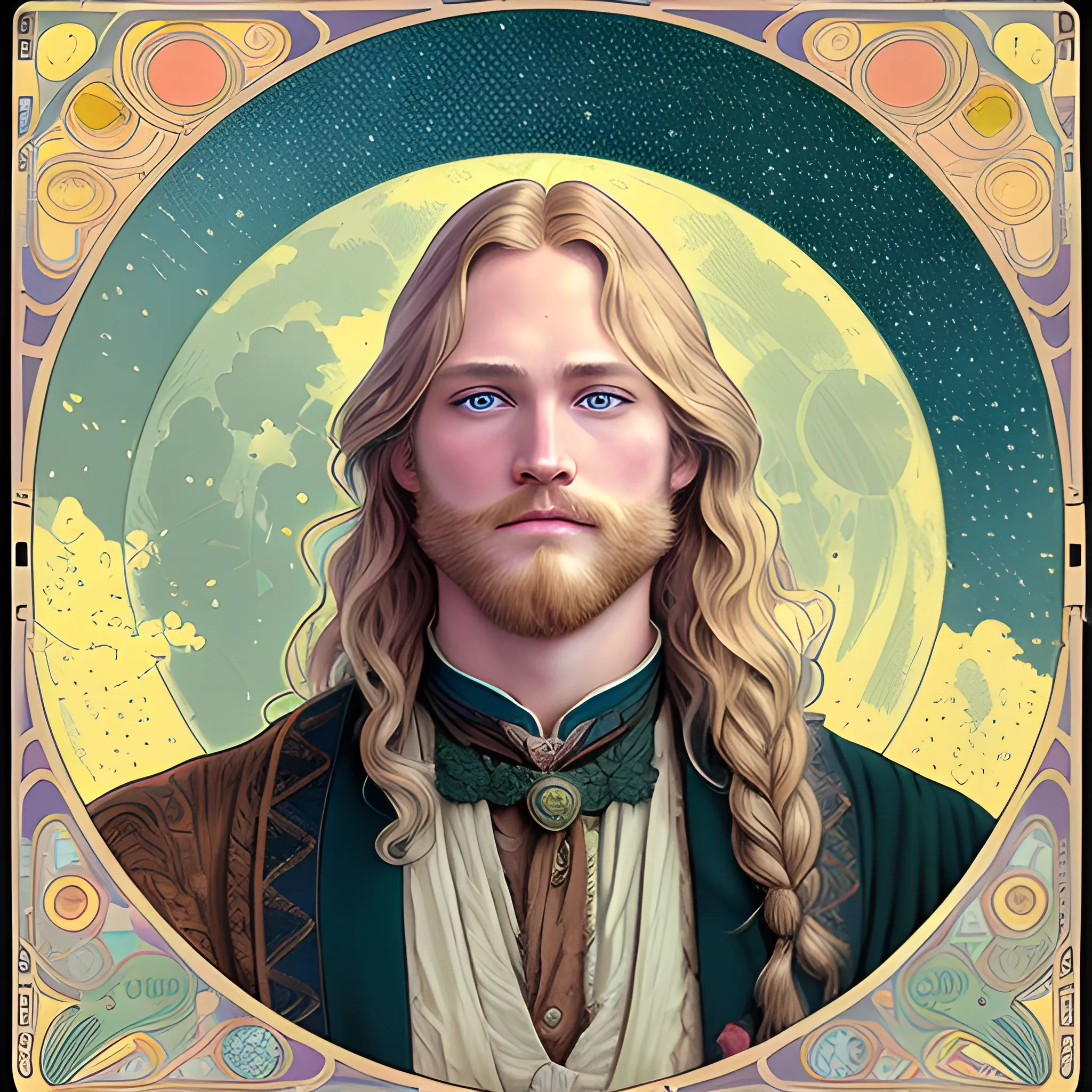 Wyatt Russell, his highly detailed, softly freckled handsome face, his clean, clear blue eyes, meticulously detailed, multi-hued, long blond hair; hippie, full moon in a nebula sky, clouds; fantasy, Vintage Art, 8k resolution art Nouveau poster; Alphonse Mucha, Artgerm, WLOP, Illustration intricately detailed, trending on Artstation, Renaissance, triadic colors, Chromolithography Soft Shading