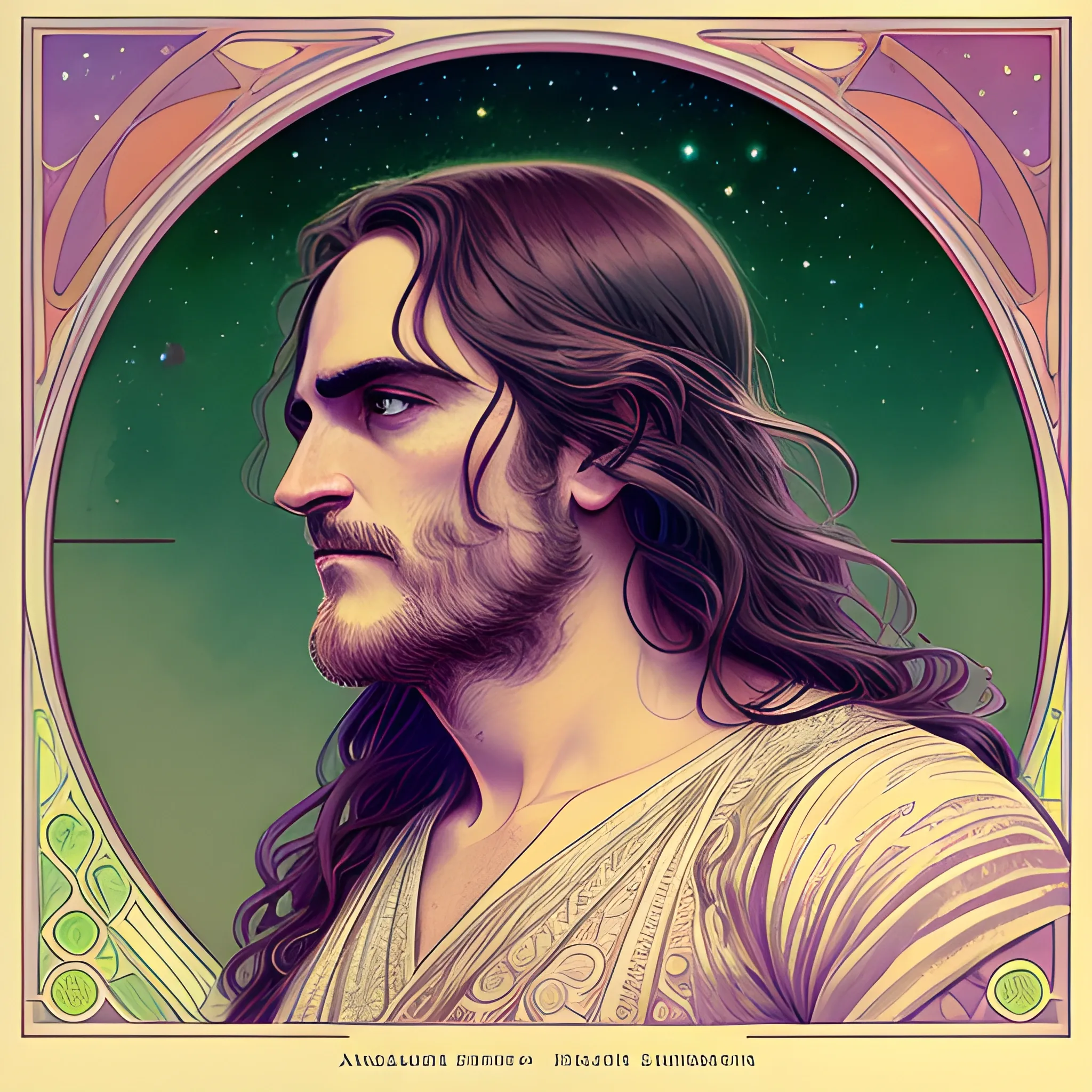 Joaquin Phoenix, his highly detailed, softly freckled handsome face, his clean, clear lavender-green eyes, meticulously detailed, multi-hued, long dark hair; hippie, fullmoon in a nebula sky, clouds; fantasy, Vintage Art, 8k resolution art Nouveau poster; Alphonse Mucha, Artgerm, WLOP, Illustration intricately detailed, trending on Artstation, Renaissance, triadic colors, Chromolithography Soft Shading