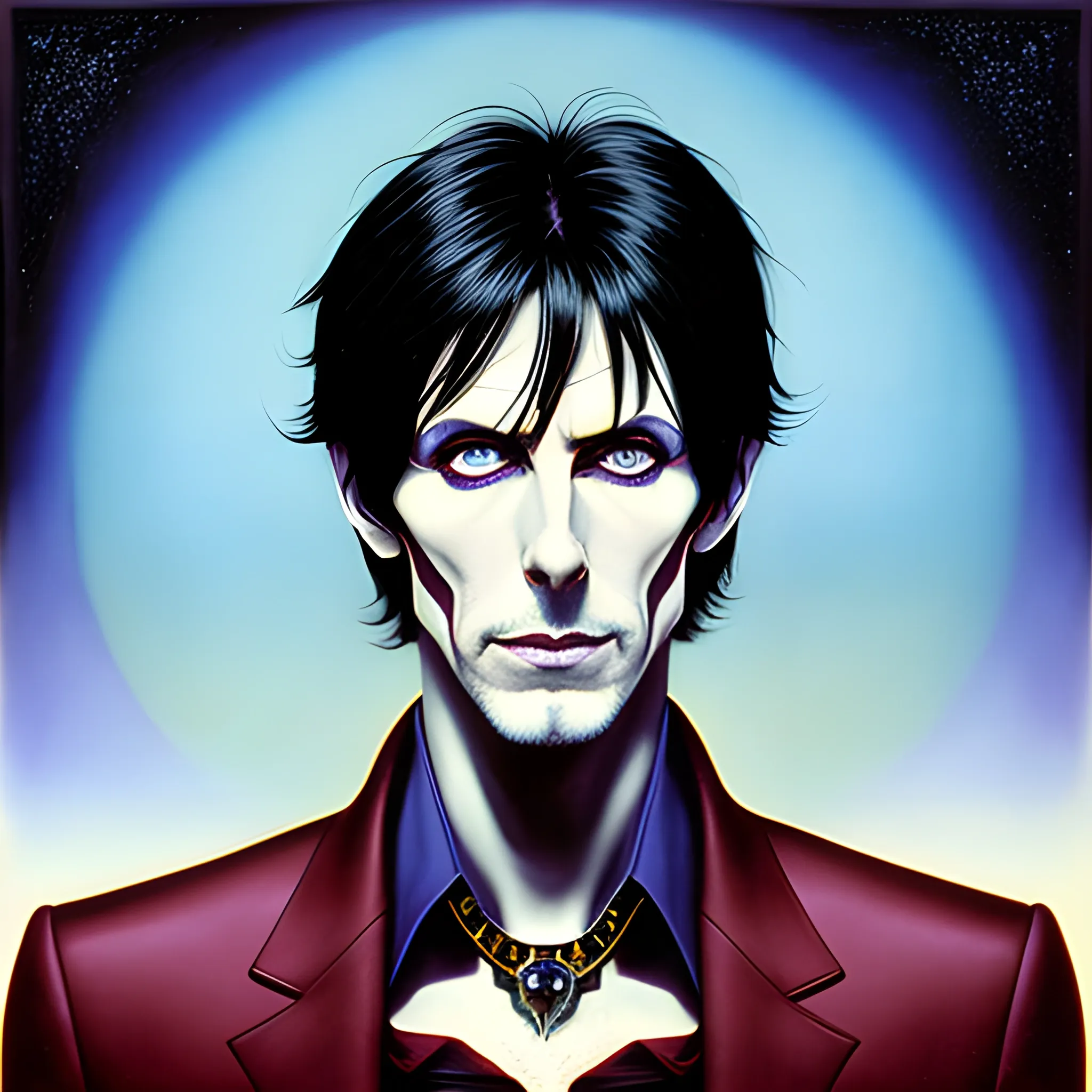 young Ric Ocasek, The Cars, his highly detailed angular, sunken face, blue eyes, meticulously detailed multi-hued short black hair, burgundy, berry wine and black, eldritch, macabre, by Stephen Gammell, Zdzislaw Beksinski; luminous color sparkles, Vintage Art, 8k resolution, Artgerm, WLOP, Lisa Frank, James R. Eads, Illustration intricately detailed, Artstation, Chromolithography Soft Shading