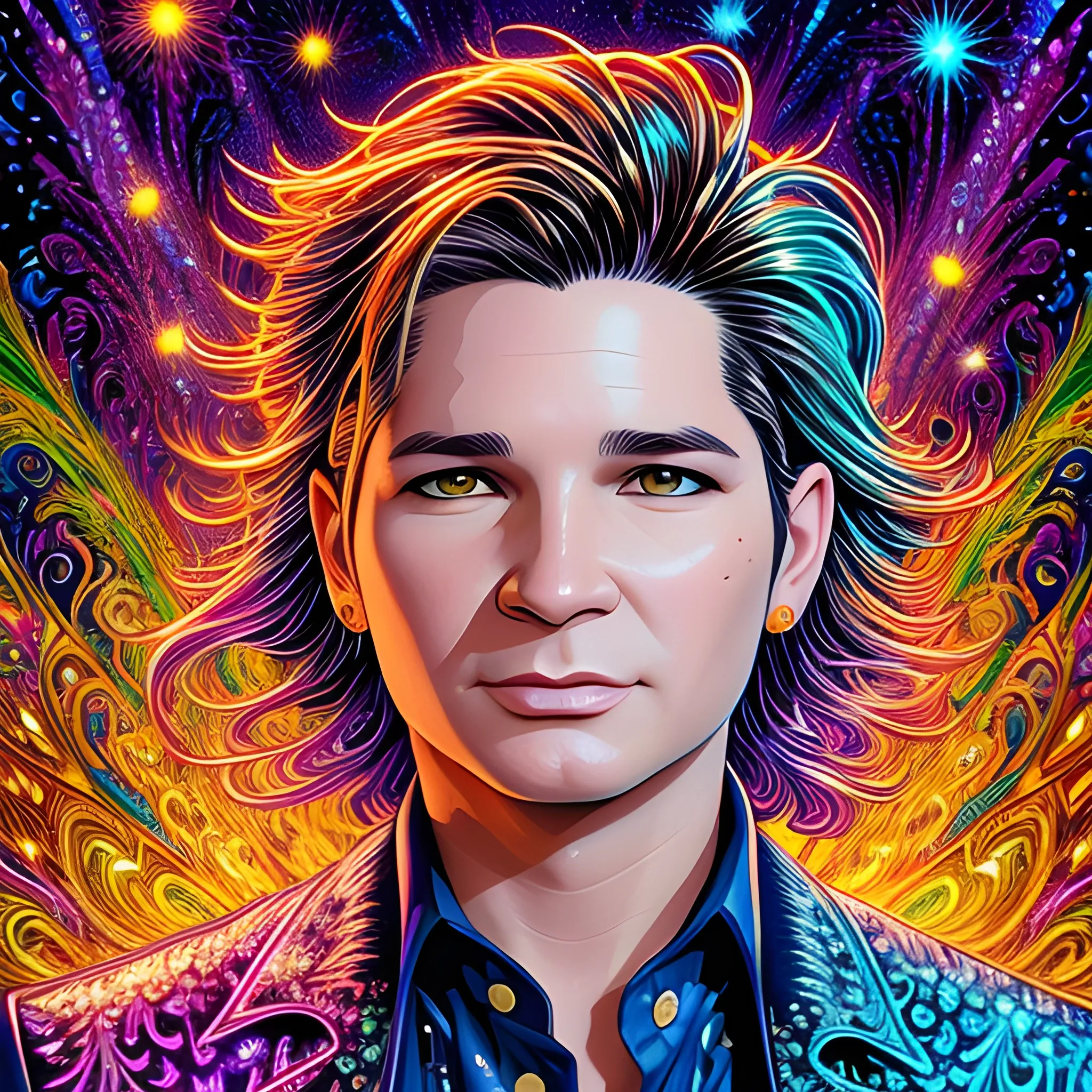 Corey Feldman, his highly detailed, handsome face, brown eyes, meticulously detailed multi-hued long straight feathered hair; by James R. Eads, Fausto-Giurescu, Tania Rivilis, Dan Mumford; luminous colorful sparkles, glitter, airbrush, depth of field, volumetric lighting, rockstar