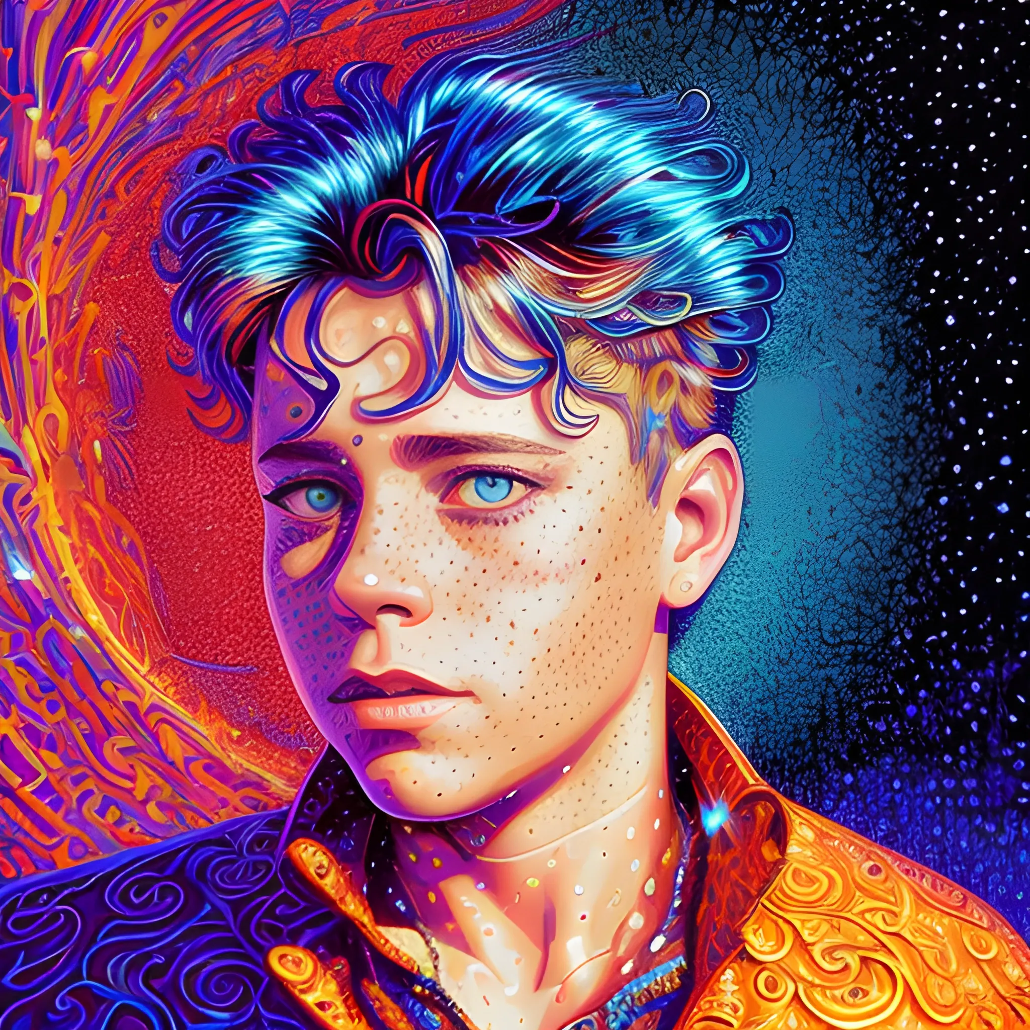 Corey Haim, his long and narrow highly detailed, softly freckled handsome face, blue eyes, meticulously detailed multi-hued hair; by James R. Eads, Fausto-Giurescu, Tania Rivilis, Dan Mumford; luminous colorful sparkles, glitter, airbrush, depth of field, volumetric lighting, rockstar