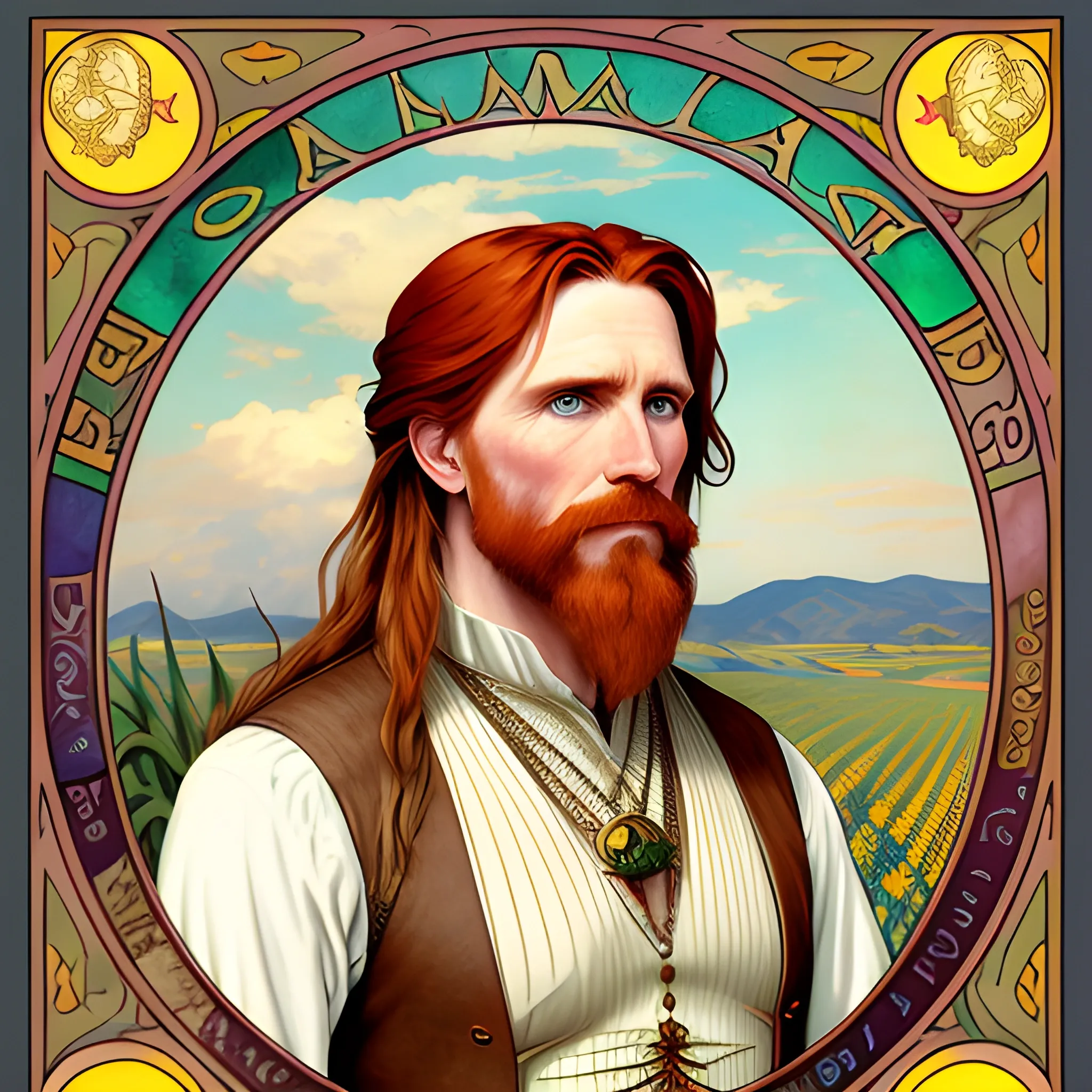 young man Malachai of the Corn, Courtney Gains, his highly detailed, softly freckled handsome face, his clean, clear eyes, meticulously detailed, multi-hued, long red hair; hippie, pirate, the man gazes to the cornfield; yellow, blue, green, across a misty pastel-colored cornfield, corn, corn on the cob, clouds; fantasy, Vintage Art, 8k resolution art Nouveau poster; Alphonse Mucha, Artgerm, WLOP, Illustration intricately detailed, trending on Artstation, Renaissance, triadic colors, Chromolithography Soft Shading, male, man, corn