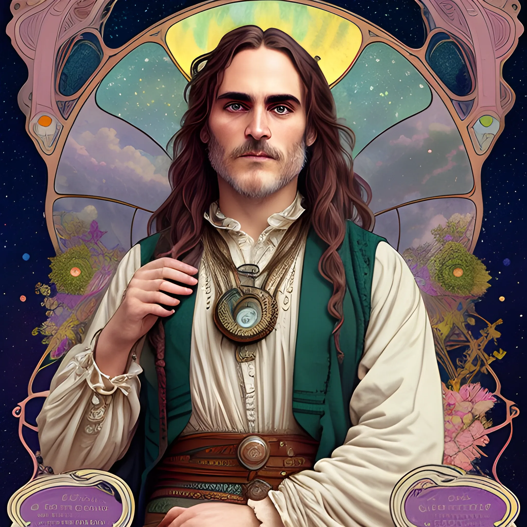 Joaquin Phoenix, his highly detailed, softly freckled handsome face, his clean, clear lavender-green eyes, meticulously detailed, multi-hued, long dark hair; hippie, fullmoon in a nebula sky, clouds; fantasy, Vintage Art, 8k resolution art Nouveau poster; Alphonse Mucha, Artgerm, WLOP, Illustration intricately detailed, trending on Artstation, Renaissance, triadic colors, Chromolithography Soft Shading