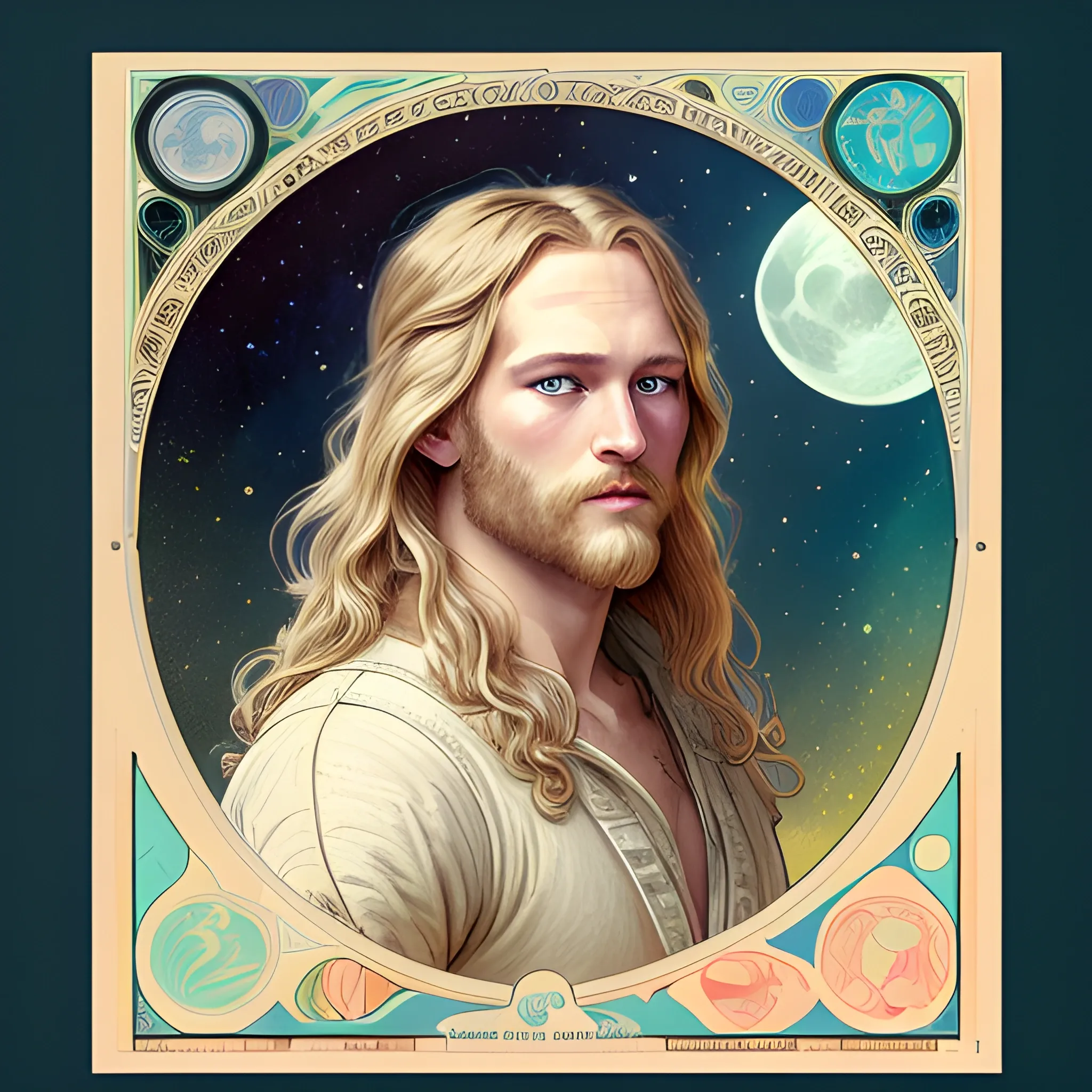 Wyatt Russell, his highly detailed, softly freckled handsome face, his clean, clear blue eyes, meticulously detailed, multi-hued, long blond hair; hippie, full moon in a nebula sky, clouds; fantasy, Vintage Art, 8k resolution art Nouveau poster; Alphonse Mucha, Artgerm, WLOP, Illustration intricately detailed, trending on Artstation, Renaissance, triadic colors, Chromolithography Soft Shading