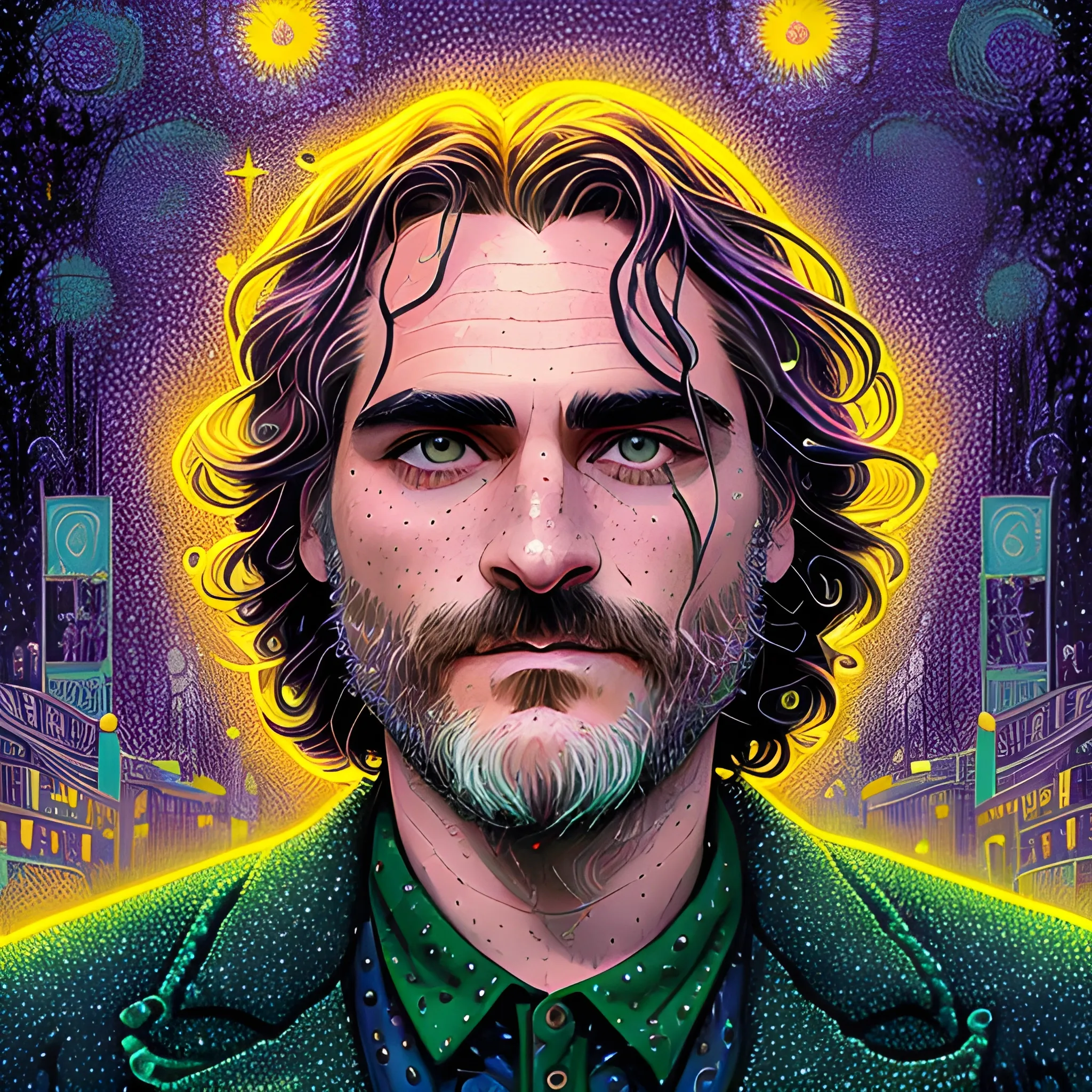 Joaquin Phoenix, his highly detailed, softly freckled handsome face, lavender-green eyes, meticulously detailed long dark hair; by James R. Eads, Fausto-Giurescu, Tania Rivilis, Dan Mumford; luminous colorful sparkles, glitter, airbrush, depth of field, volumetric lighting, rockstar