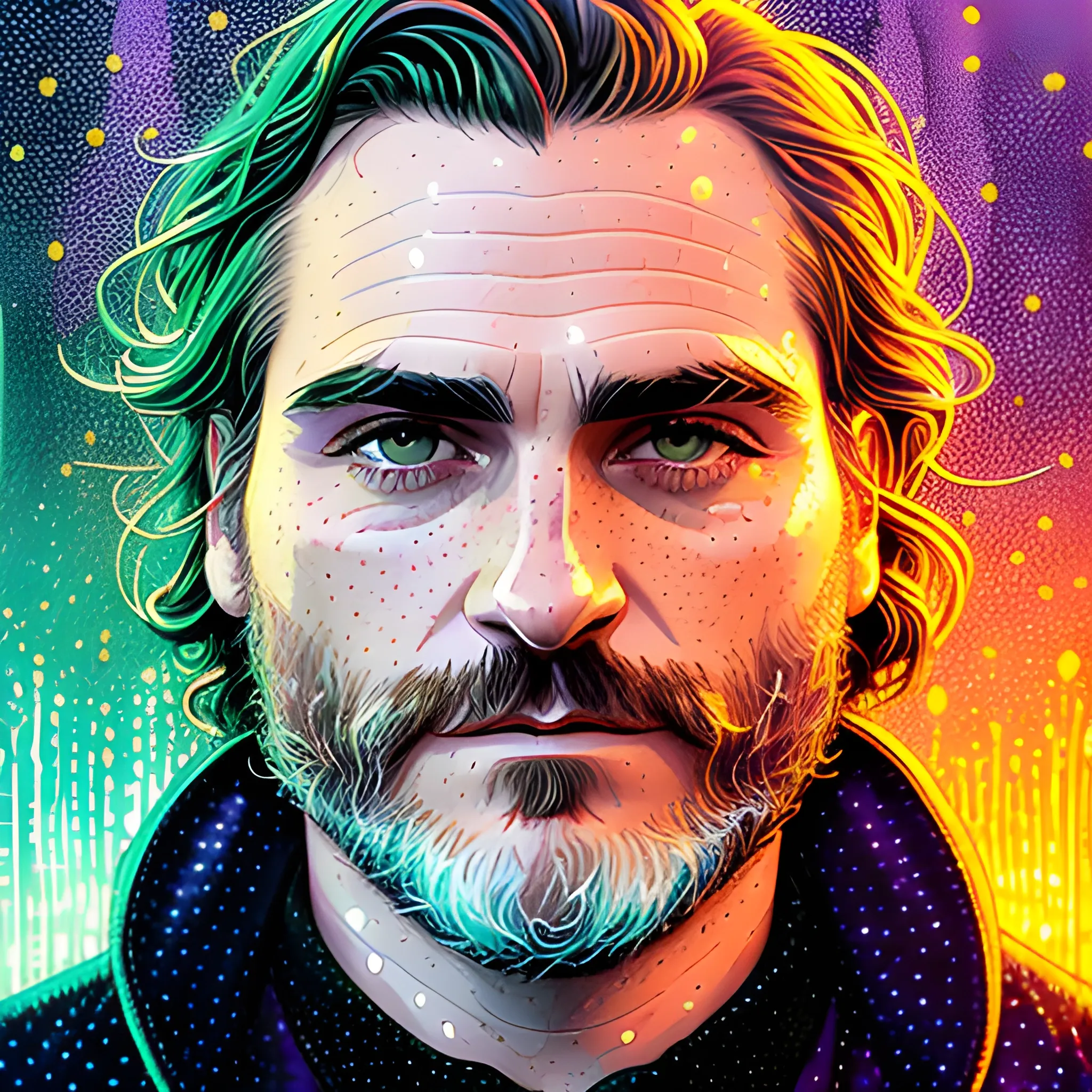 Joaquin Phoenix, his highly detailed, softly freckled handsome face, lavender-green eyes, meticulously detailed long dark hair; by James R. Eads, Fausto-Giurescu, Tania Rivilis, Dan Mumford; luminous colorful sparkles, glitter, airbrush, depth of field, volumetric lighting, rockstar